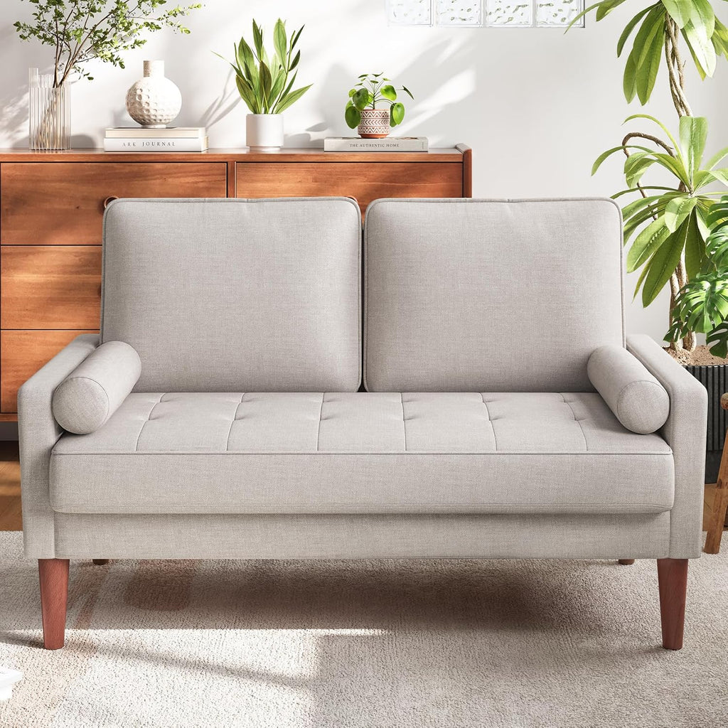 Vesgantti Loveseat Sofa with Solid Wood Legs, 48' Small Couches for Small Spaces, Love Seat for Living Room, Bedroom, Easy Assembly Mid Century Modern Couch with Throw Pillow for Apartment, Ashbeige
