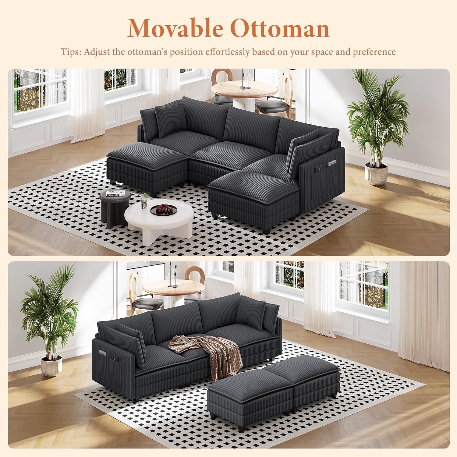 Vesgantti 109' U Shaped Cloud Sectional Sofa, Comfy Corduroy Upholstered Sectional Modular Sofas for Living Room, Modern Modular Couch with 2 Ottoman Deep Seat, Dark Grey