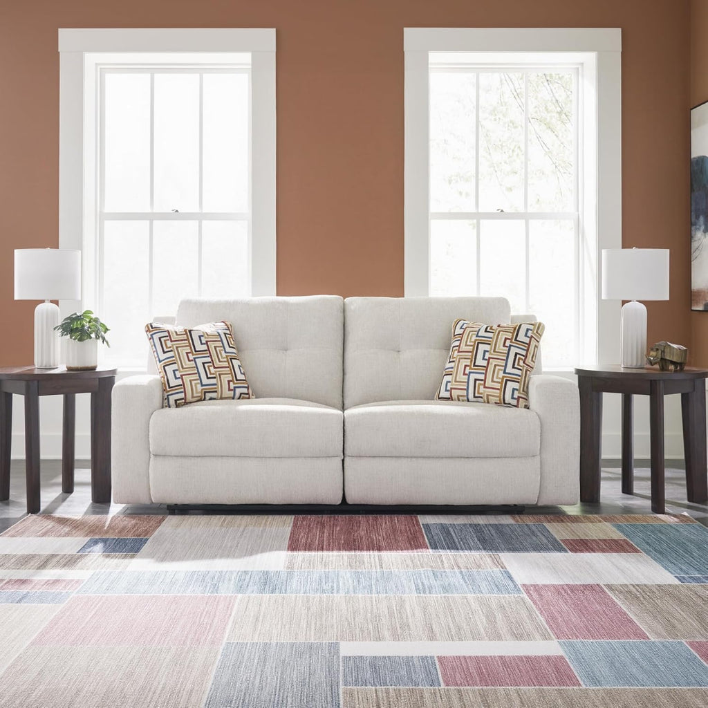 Signature Design by Ashley Danum Modern Tufted Manual Reclining Sofa with 2 Accent Pillows, Beige