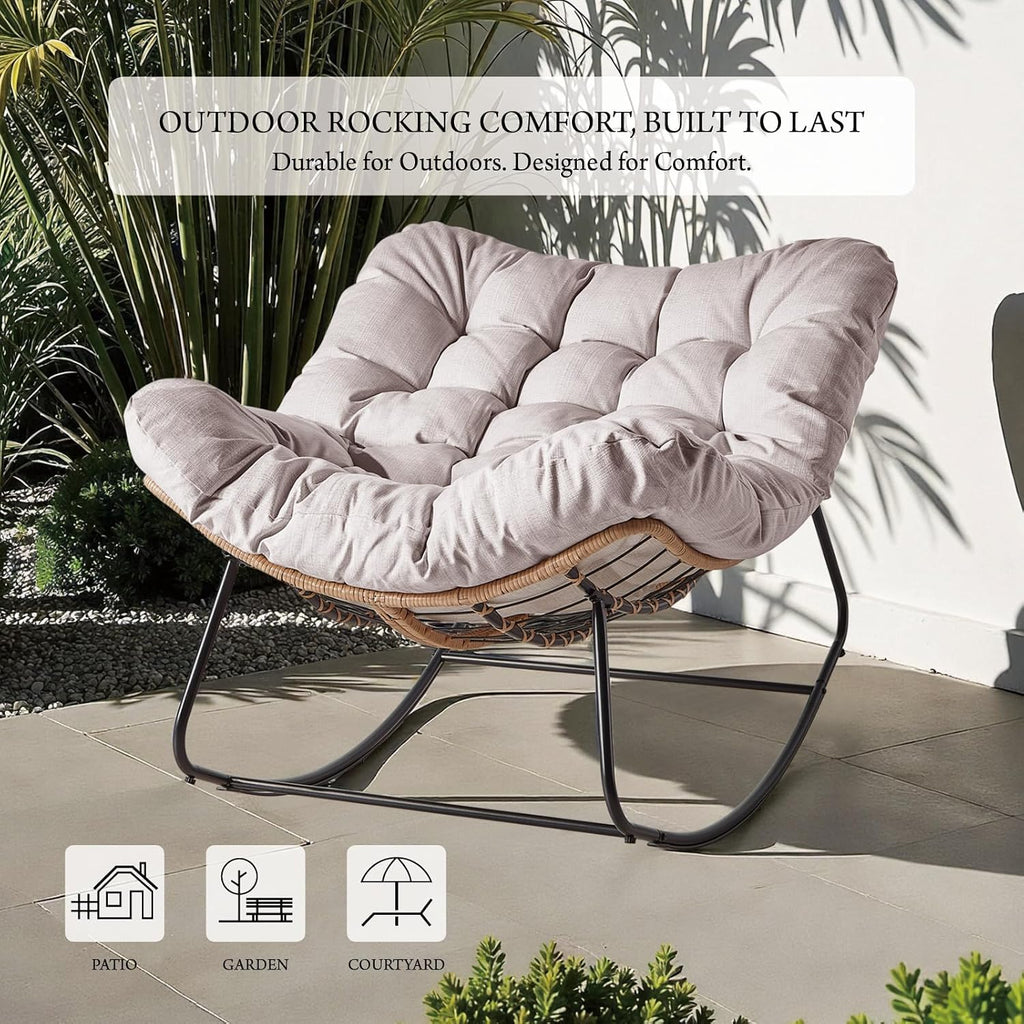 Outdoor Rocking Chair, Oversized Papasan Wicker Lounge Chair with Cushion, Relaxing Patio Rocker, Indoor Reading Egg Chair for Porch, Patio, Bedroom, Garden (Beige)
