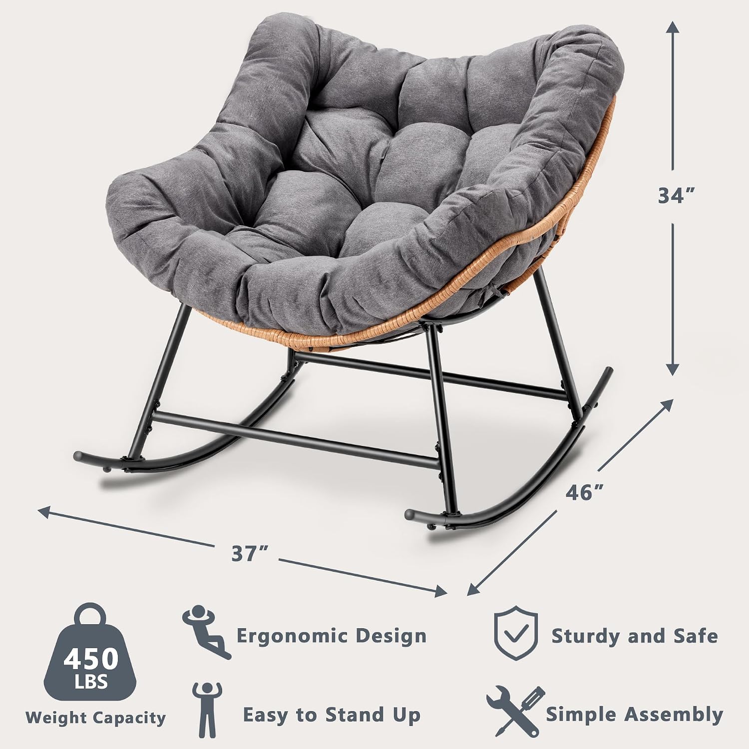 Outdoor Comfy Rocking Chair with Thick Cushion, Rattan Rocker Egg Chair Indoor with Straps, Patio Rocking Chair 450lbs for Garden, Backyard, Balcony, Lawn, Bedroom, Living Room (Dark Gray)