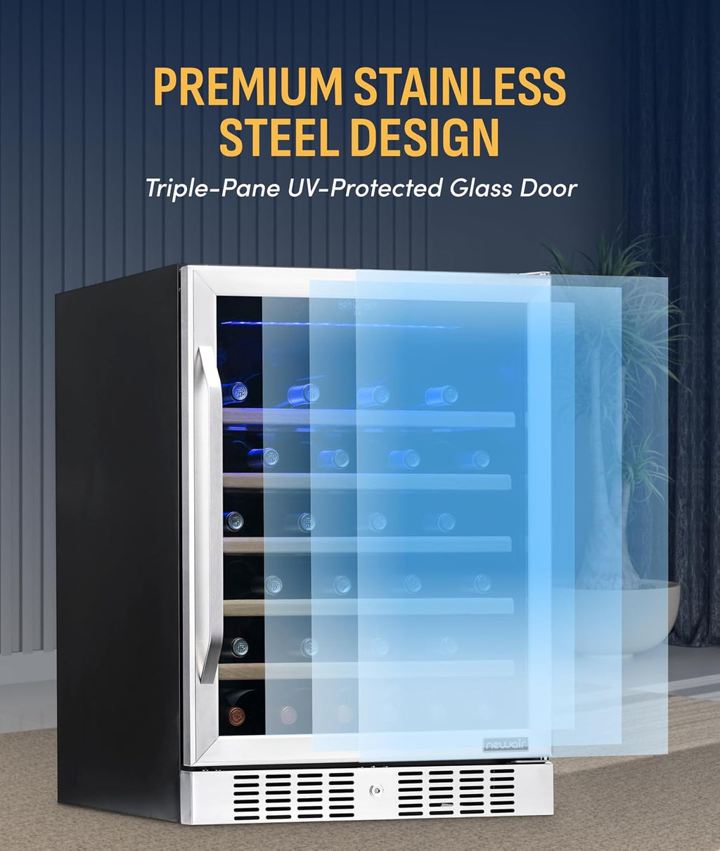 NewAir 24' Wine Fridge for 52 Bottles | Built-In or Freestanding Wine Cooler Refrigerator with Glass Door | Precision Cooling, Slide-Out Shelves & Quiet Compressor System | Stainless Steel
