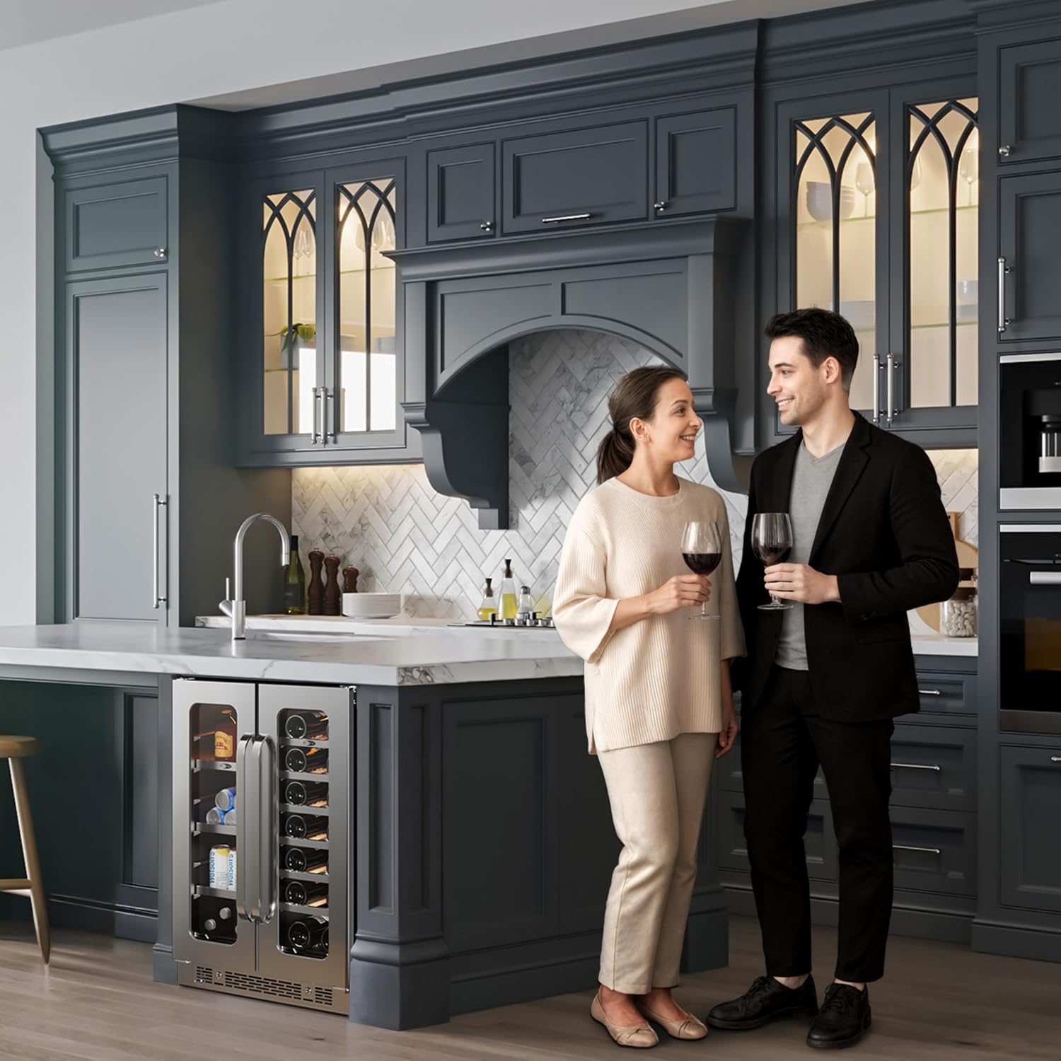 Wine and Beverage Fridge Glass Door Dual Zone 20 Bottles 60 Cans Built in Beverage Refrigerator or Freestanding Wine Cooler Under Counter French Door Refrigerators for Beer Drink Home Bar 5.65 Cu.ft