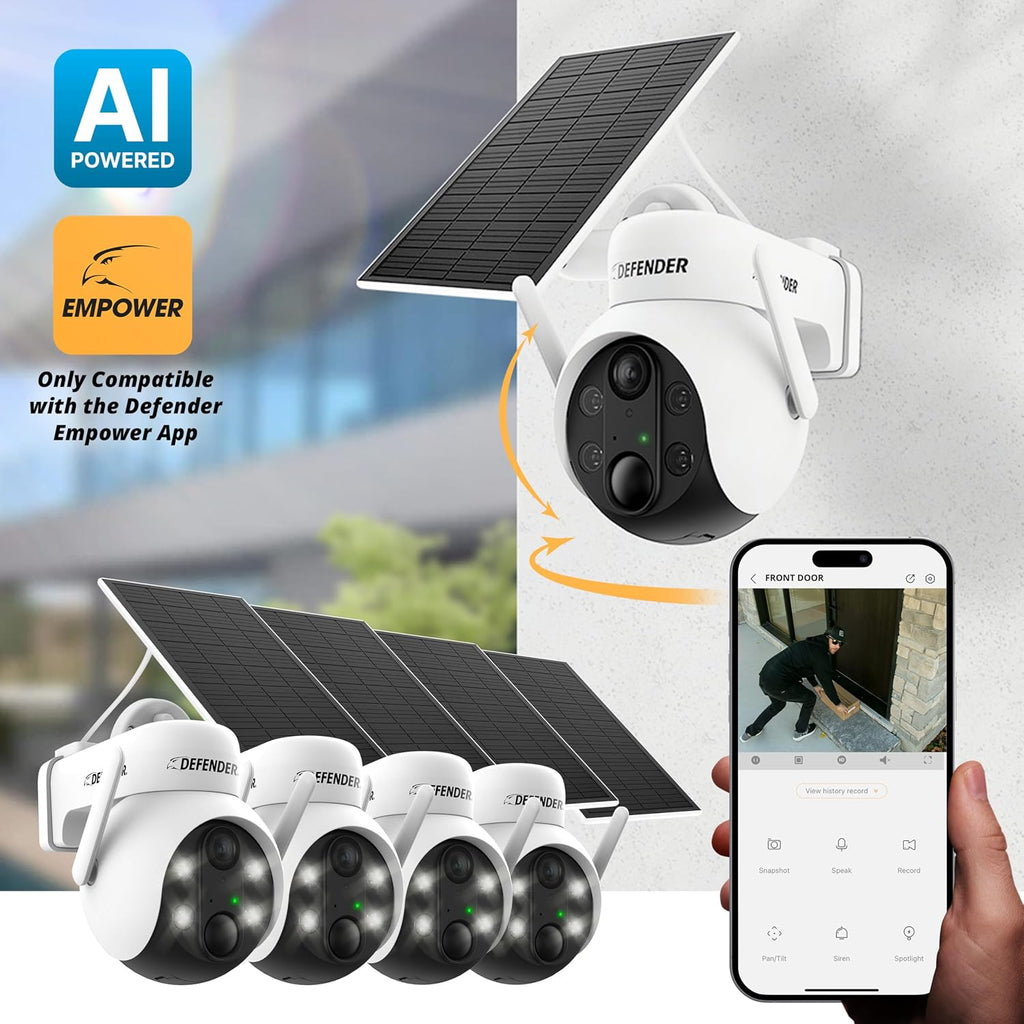 Defender Solar Powered 4K/8MP AI Everwatch PTZ Wireless Outdoor Security Camera, 4 Pack, Battery Powered, AI Tracking, Color Night Vision, Spotlight/Siren, IP65 Rated, Two-Way Talk, No Monthly Fees