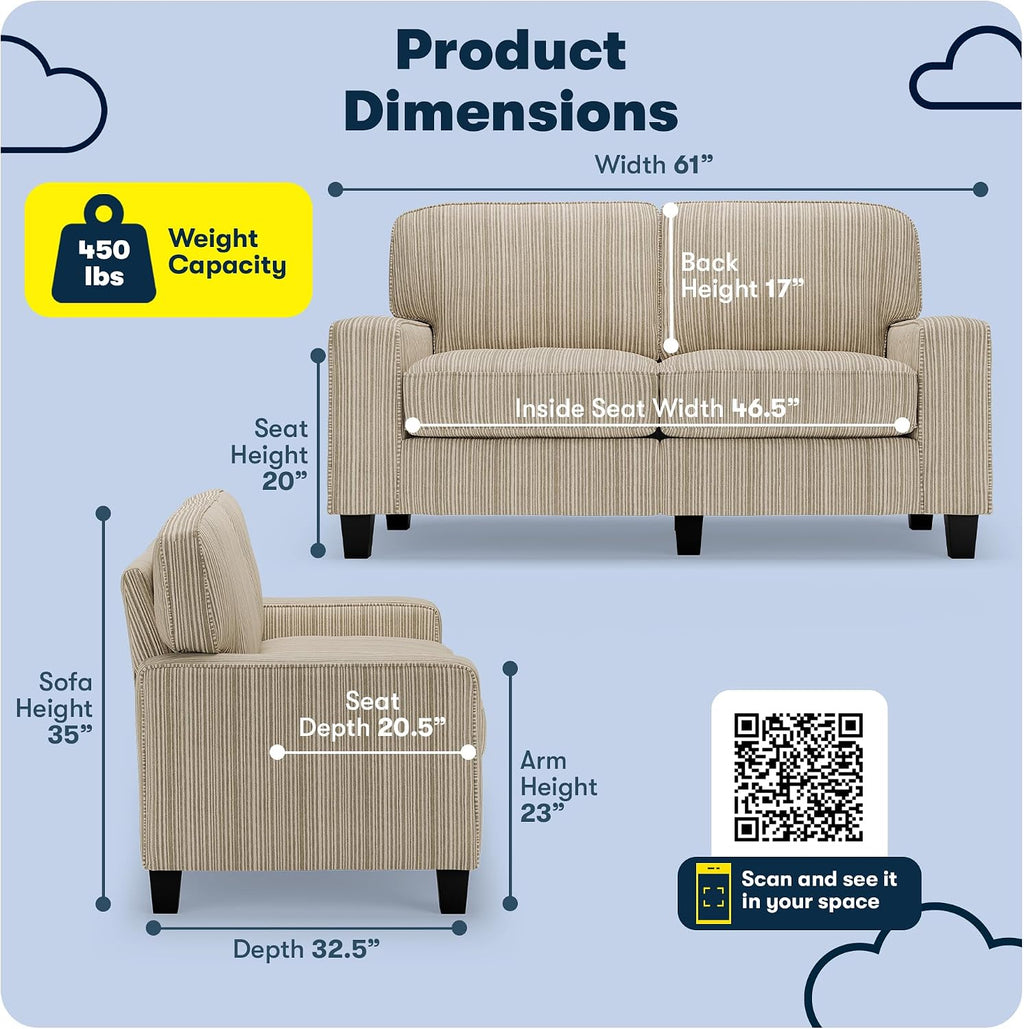 Serta Palisades 61' Track Arm Sofa, Easy Care Polyester, Soft Pillow Back, Pocket Coil Seat Cushions, Removable Covers, Loveseat or Couch for Small Spaces, Living Rooms or Bedrooms, Beige