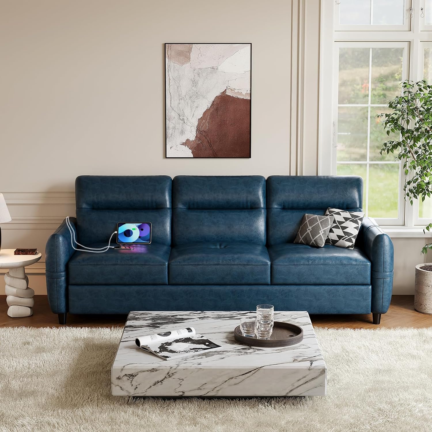 STHOUYN 85' Faux Leather Couch with USB, 3 Seater Couch for Living Room, Large Mid Century Modern Office Sofa for Apartment, Bedroom, Blue