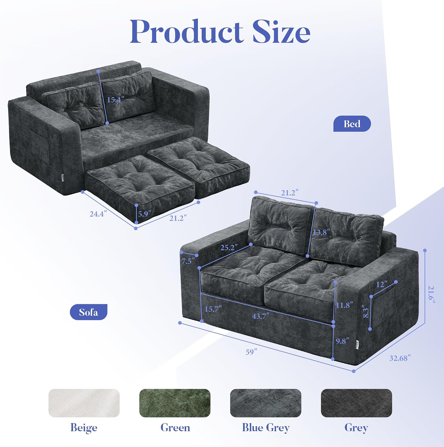 Hobestluk Sofa Couch Loveseat Sofa with Chenille Fabric 2-Seater Sofa for Small Spaces Comfortable Foam Floor Sofa 2 in 1 Boneless Couch for Living Room Bedroom (Blue Grey, Loveseat)