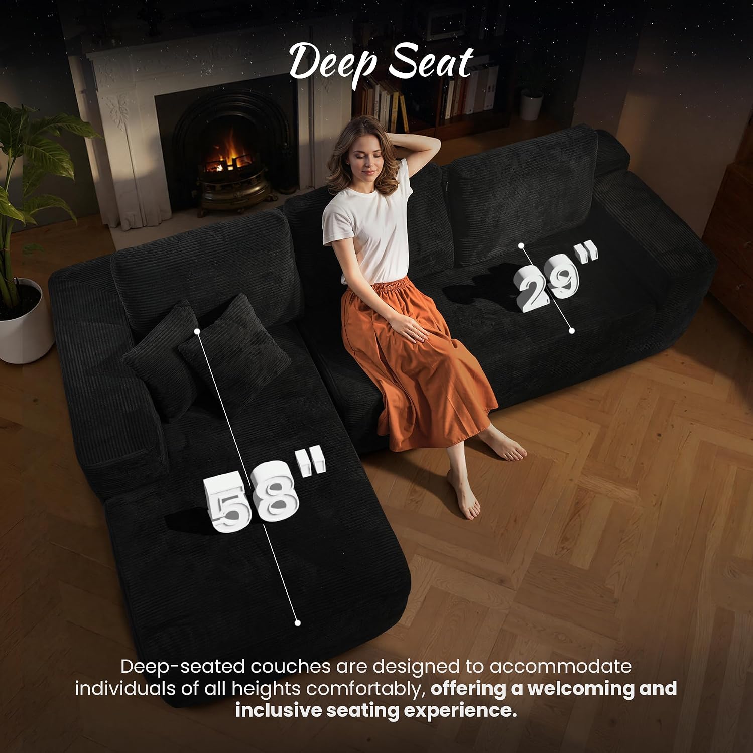 ovios 104' Cloud Boneless Couch with Glitter Fabric, Moudular Sectional Sofa with Deep Seat, No Assembly Required, Modern Minimalist L Shaped Couches with Chaise for Living Room, Black