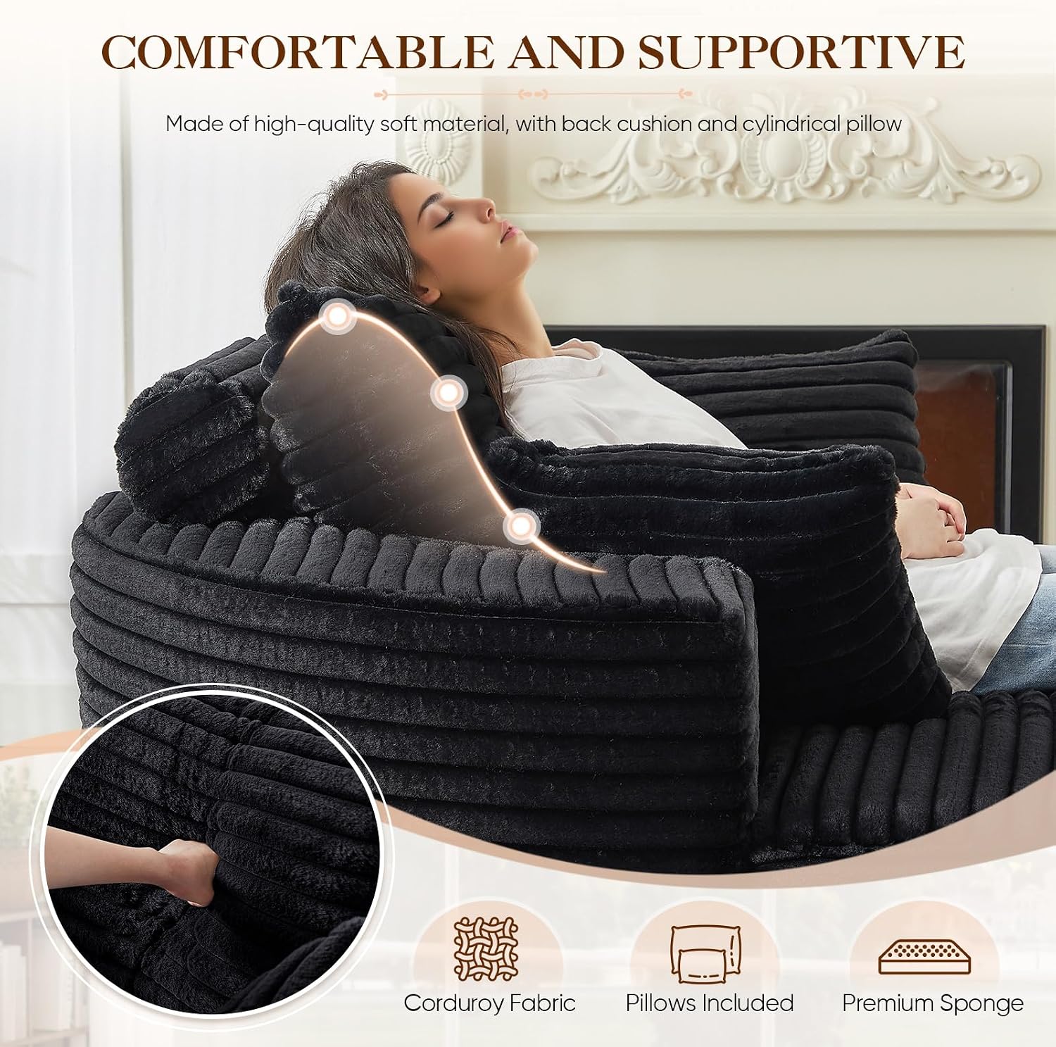 Oversized Round Chaise Longue Chair Indoor, Modern 55-inch Upholstered Corduroy Deep Seat Circle Single Cloud Lounge Floor Sofa Chair for Living Room, Bedroom Apartment, Black