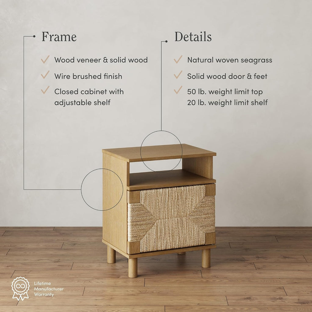 Nathan James Beacon Wood Nightstand, Bohemian Accent Table or Sofa Side Table with Seagrass Door for Bedroom or Living Room, Light Brown