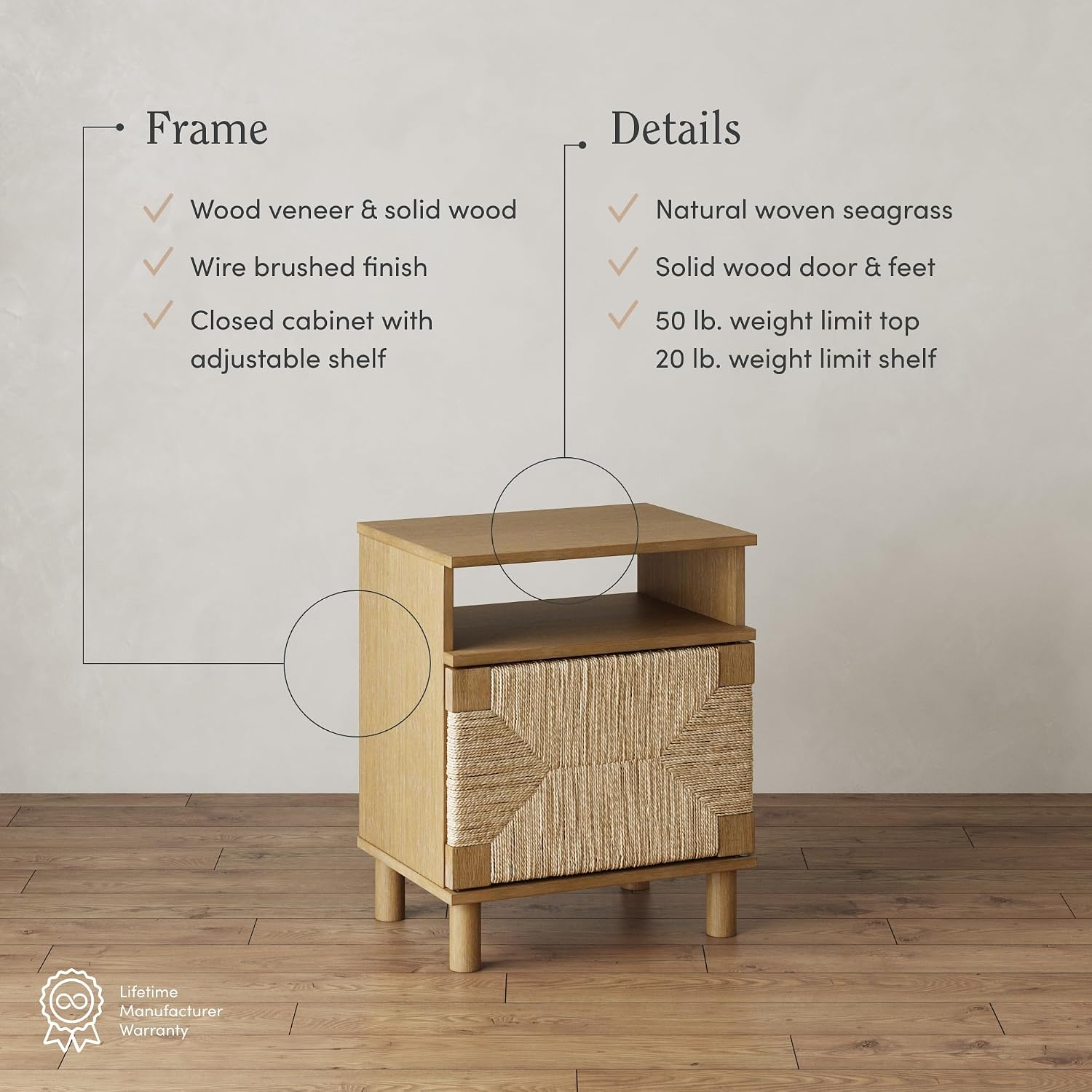 Nathan James Beacon Wood Nightstand, Bohemian Accent Table or Sofa Side Table with Seagrass Door for Bedroom or Living Room, Light Brown