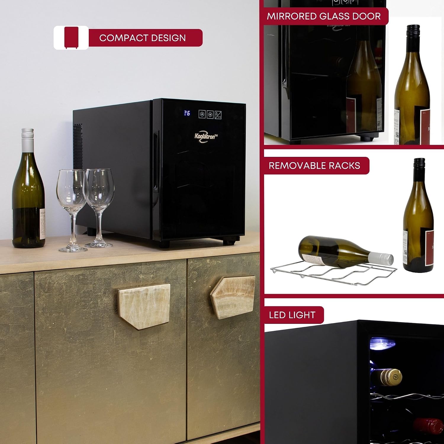Koolatron 6 Bottle Wine Fridge – Freestanding Wine Cooler with Glass Door, 0.6 cu ft (16 L) Beverage Can Refrigerator, Digital Temperature Control, Ideal for White, Red & Sparkling Wine, Champagne