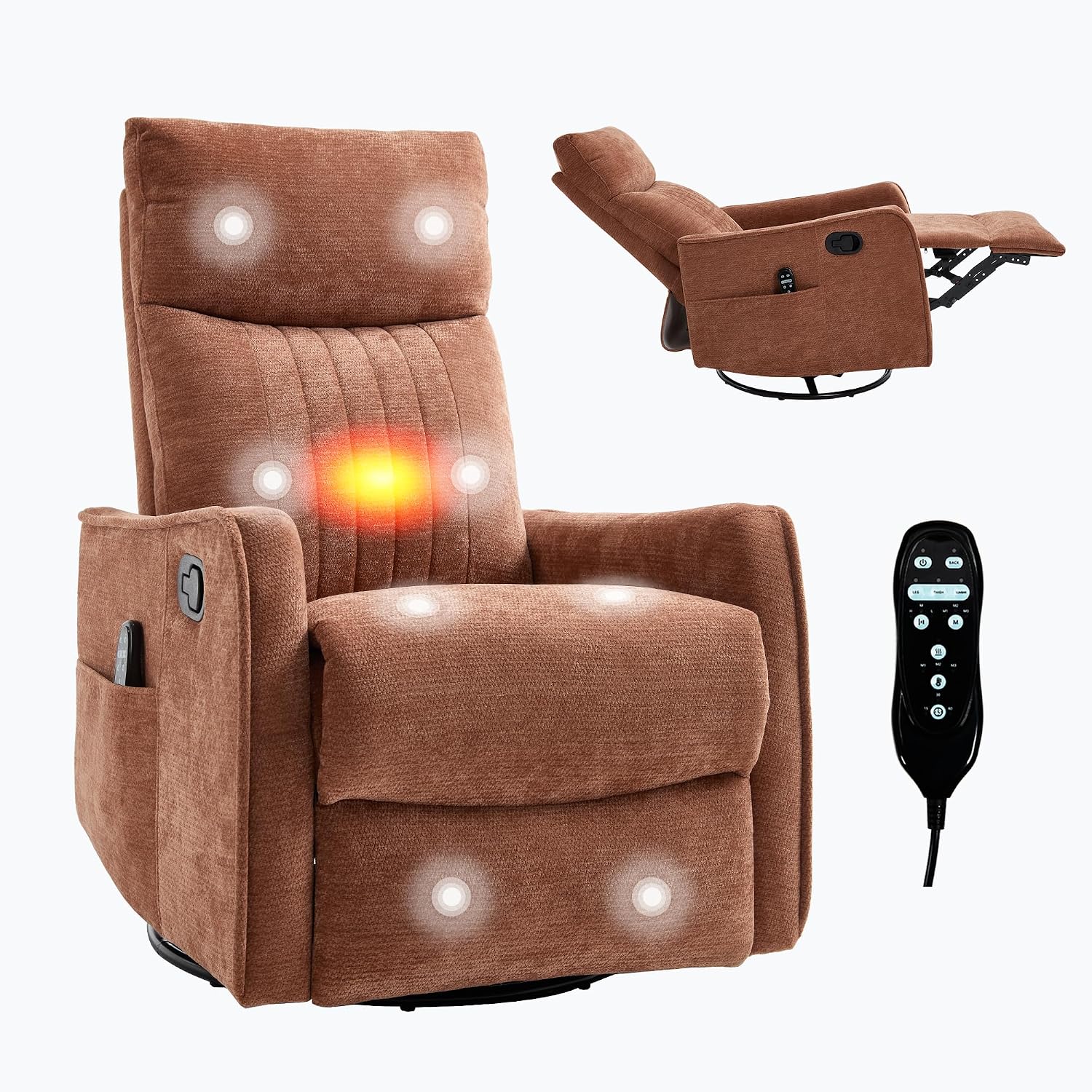 Casaphoria 360° Swivel Rocking Recliner Chair with Heat and Massage Upholstered Fabric Nursery Glider with Side Pocket for Living Room,Bedroom,Home Theater and RV Small Space(Orange)