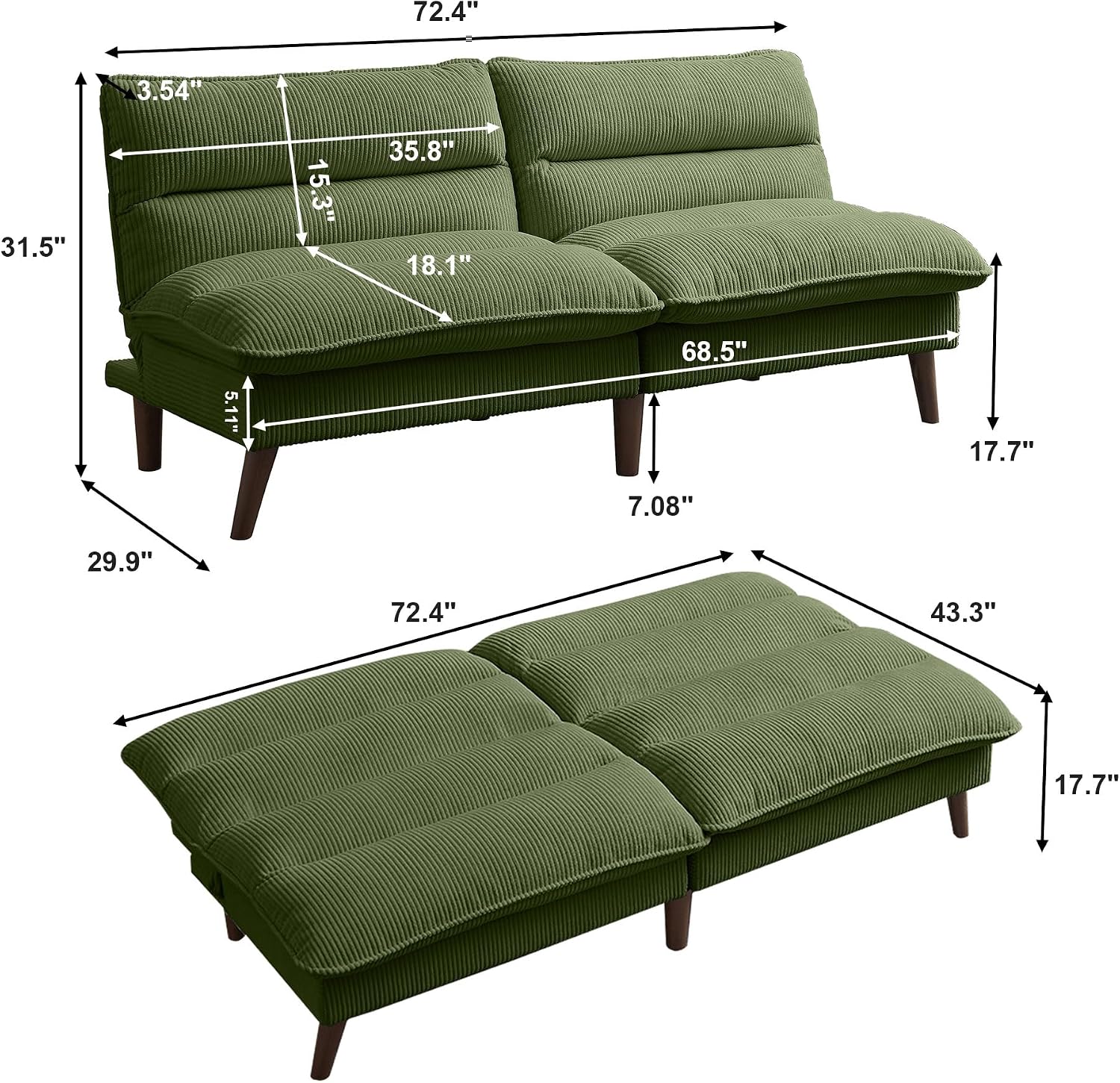 72' Futon Sofa Bed, Futon Couch with Adjustable Backrest, Recliner Small Loveseat for Living Room, Office, Apartment, Corduroy Loveseat, Green