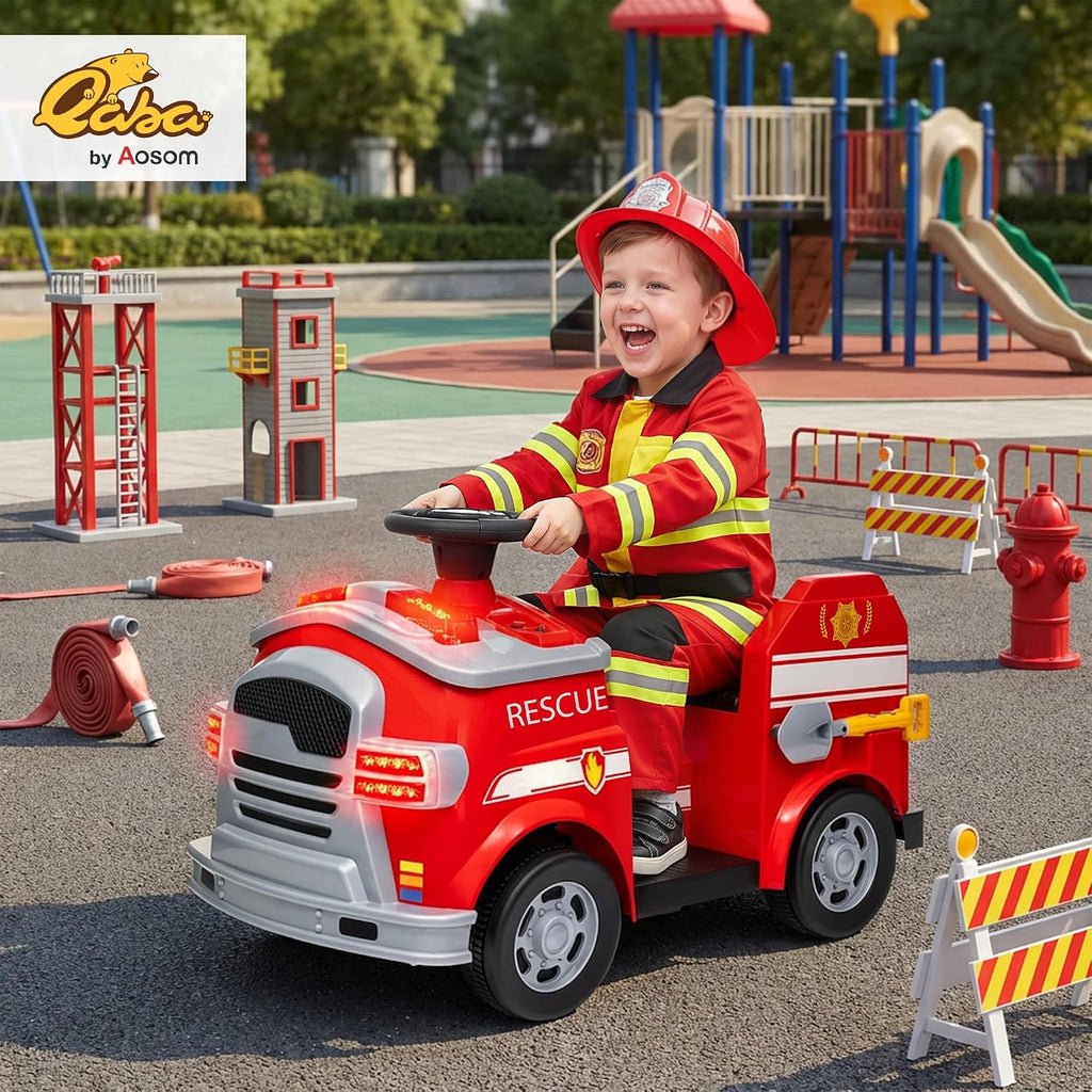 Qaba 12V Ride on Fire Truck, Battery Powered Electric Car for Kids with Siren, Flashing Lights, Fire Extinguisher, Shovel, Wrench, Ladder, Soft Start, Horn Music and, Red