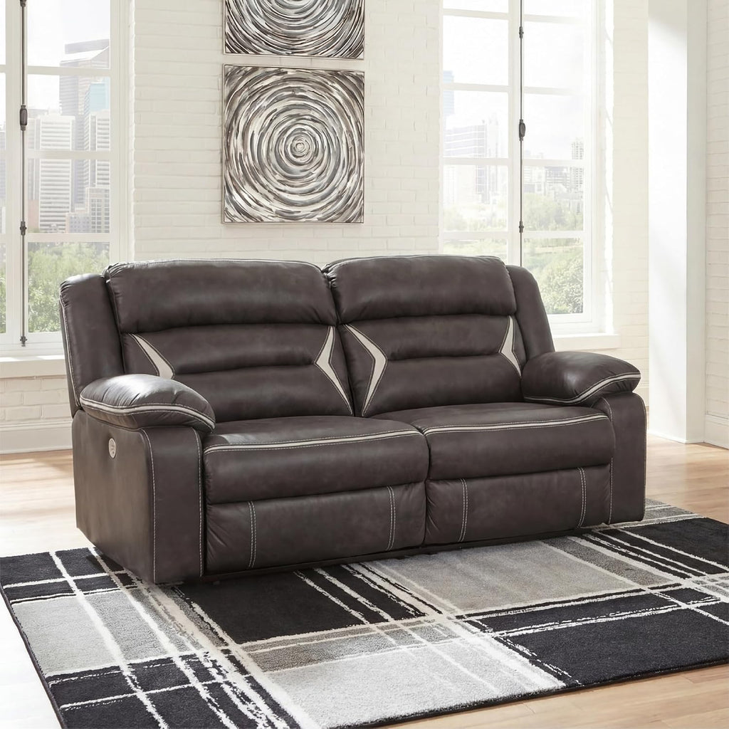 Signature Design by Ashley Kincord Sectional Sofa with Power Recliners, Zero Wall Modern Sectionals in Faux Leather for Living Room Seating, Black Leather