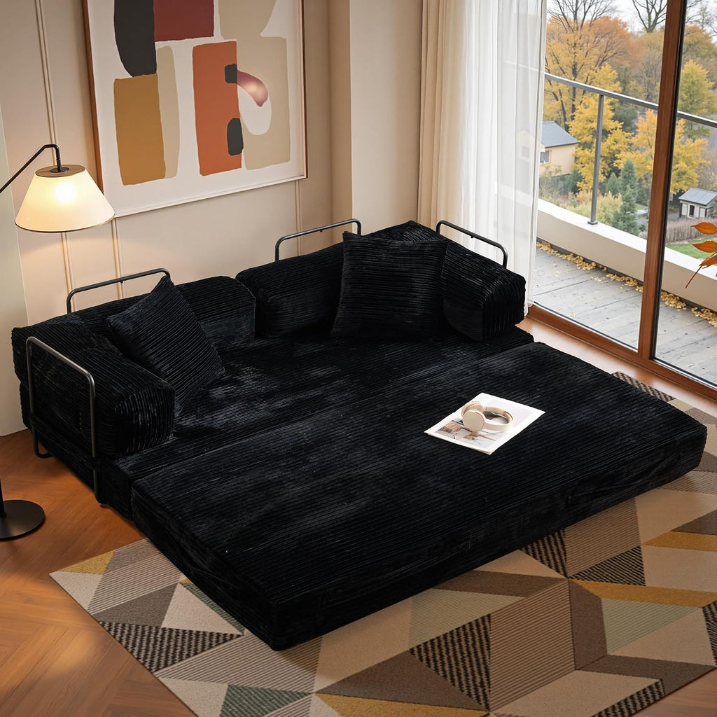 81″ Convertible Sleeper Sofa Bed with Pillows, Corduroy Foldable Mattress Couch with Fixed-Shape Frame, Futon Sofa Bed, Boneless Couch for Living Room Bedroom Lounge Studio, Black