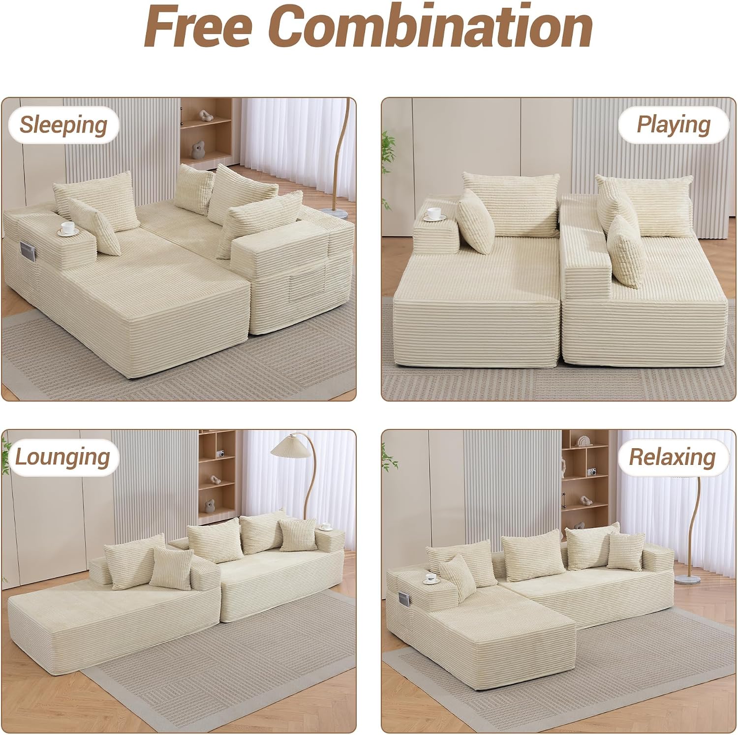 105'' Modular L-Shaped Boneless Sectional, Corduroy Deep Seat Cloud Sectional Couch, Small Space Sofa for Apartment Living Room Bedroom, No Assembly, Beige