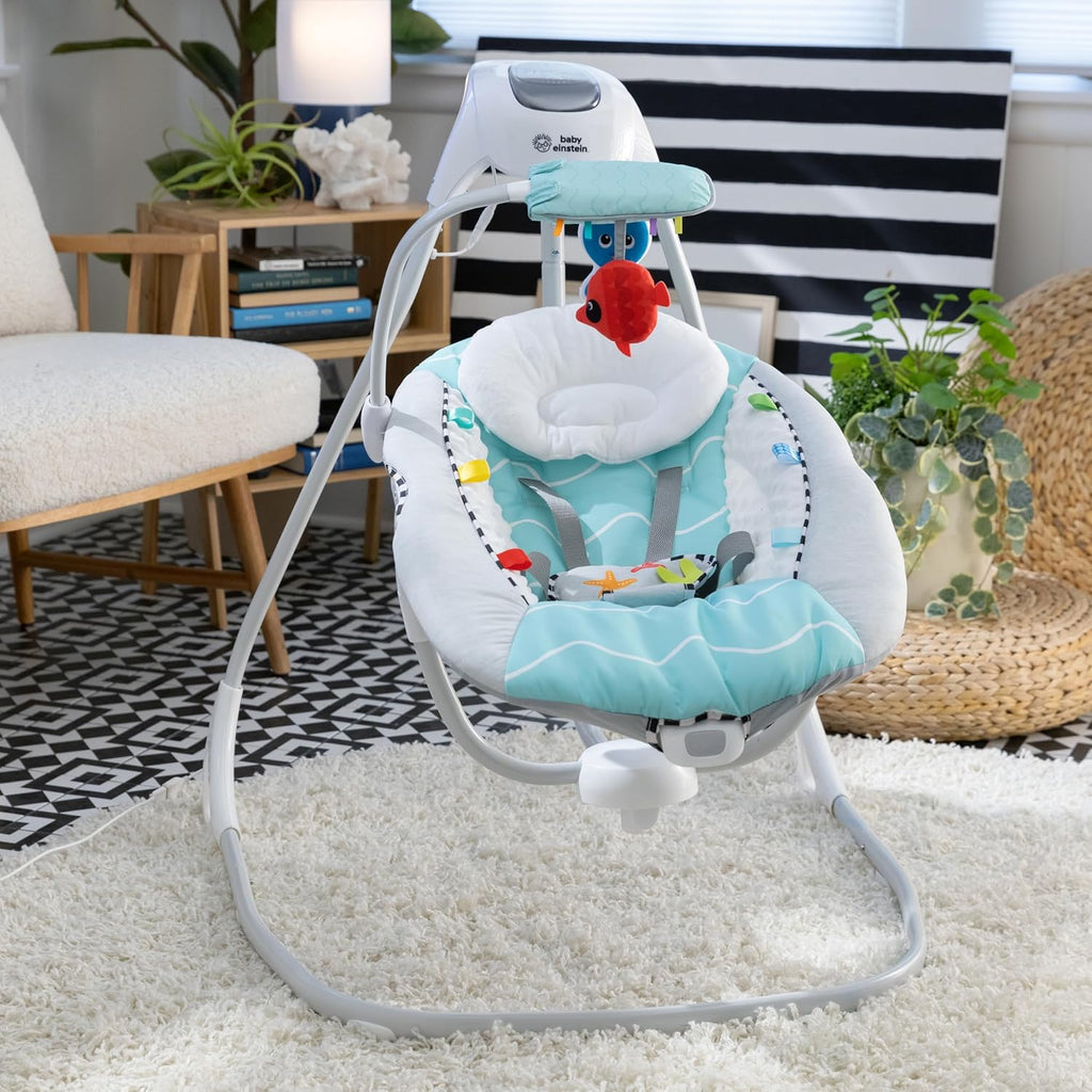 Baby Einstein Ocean Explorers Musical Compact, Lightweight Baby Swing, 6-Speed Multi-Direction, Vibrations, Music, Sounds, 0-9 Months - Grey