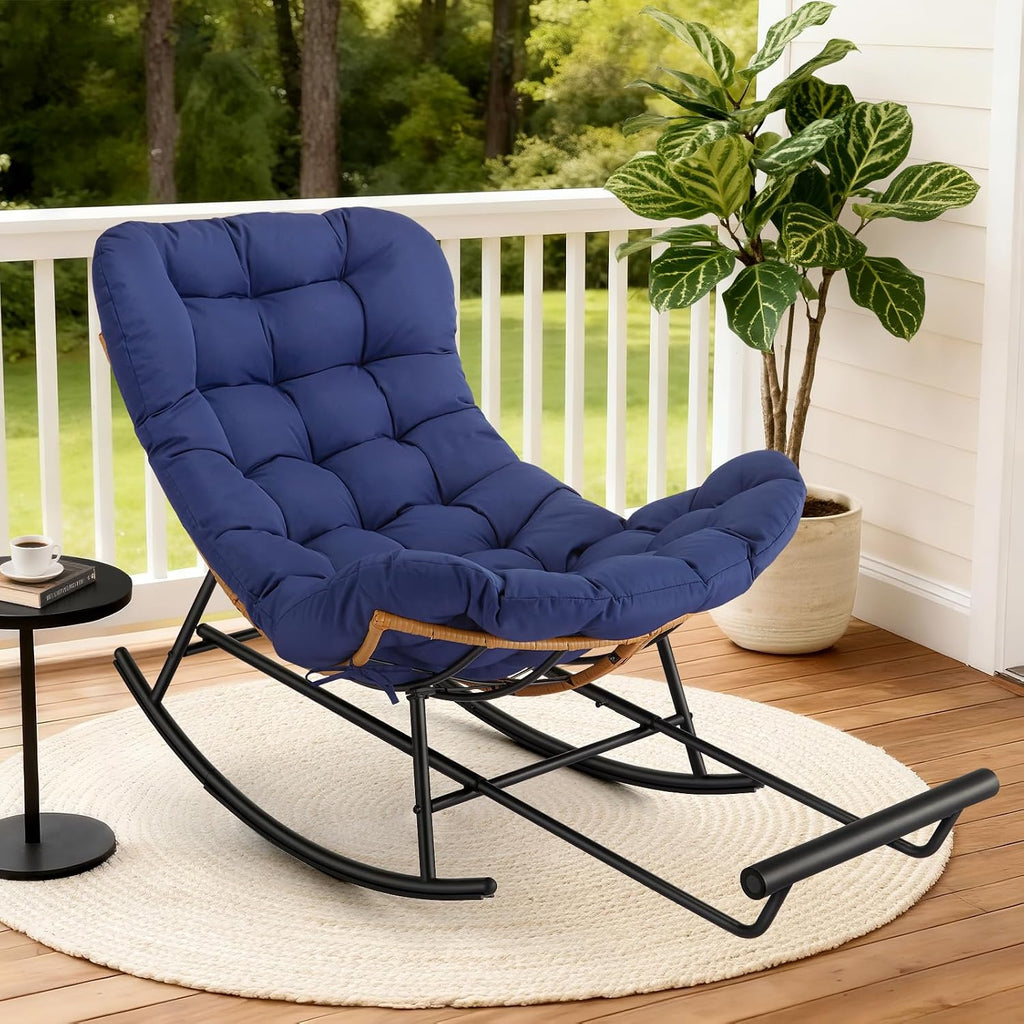 IDEALHOSUE Papasan Rocking Chair with Foot Rest, Ergonomic Papasan Chair with Thick Waterproof Cushion, Metal Frame & PE Rattan Lounge Chairs for Living Room Bedroom Relaxation Space