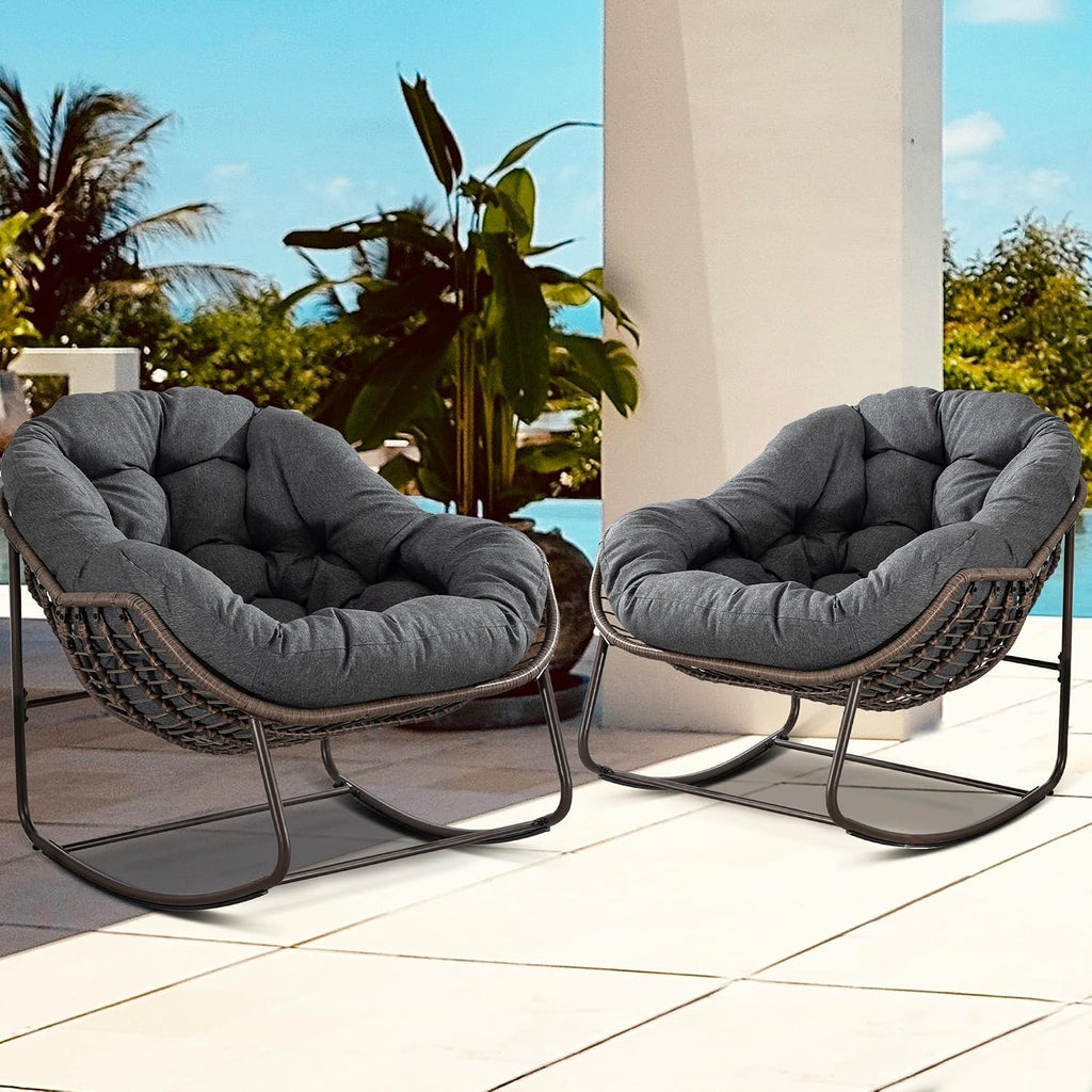 Oversized Papasan Rocking Chair - Outdoor Luxury Comfy Patio Chair Set of 2 Indoor Egg Royal Double Rattan Rocking Chair with Cushion for Front Porch Lounge Lawn Bedroom (Grey)