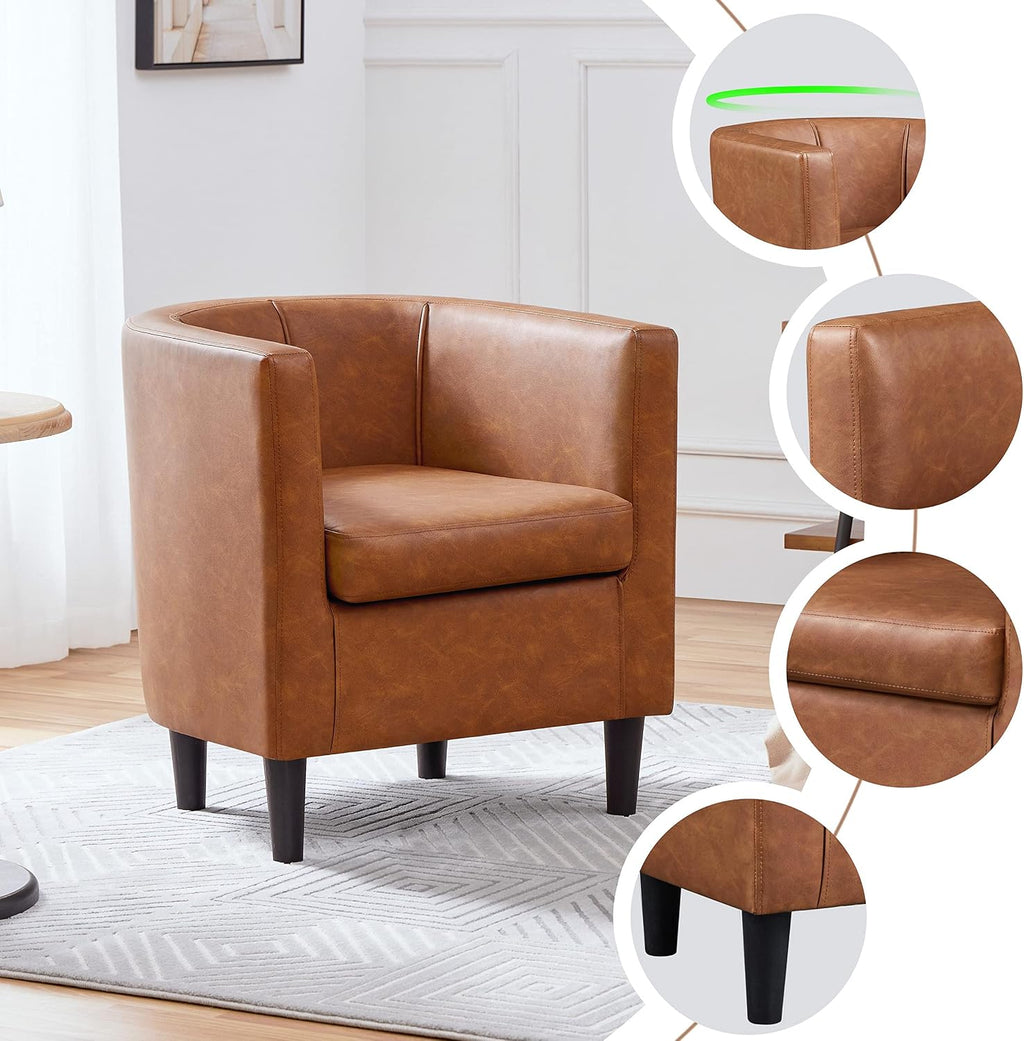 Yaheetech Accent Chair, PU Leather, Modern and Comfortable Armchairs, Upholstered Barrel Sofa Chair for Living Room Bedroom Waiting Room, Brown