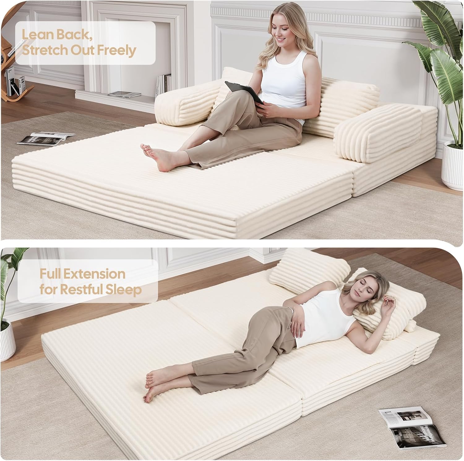 MeMoreCool Convertible Sofa Bed, Folding Floor Couch Bed Queen, Pull Out Sleeper Couch with Pillows, Fold Out Futon Sofa for Bedroom Living Room Small Space, Corduroy Beige