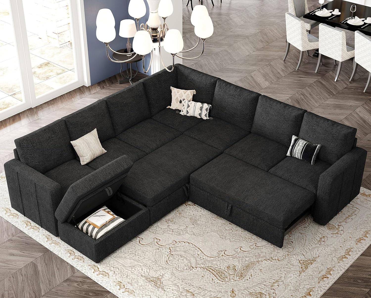 Belffin Modular Sectional Sofa with Sleeper Sofa Couch Pullout Bed, Oversized U Shaped Sleeper Sectional Couch with Storage Seat for Living Room, Dark Grey