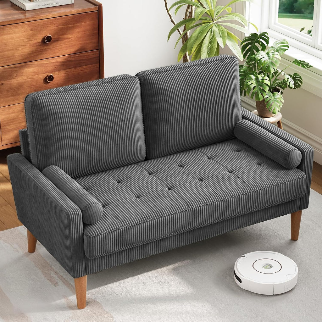 Vesgantti Loveseat Sofa with Solid Wood Legs, Small Corduroy Couches for Small Spaces, Mid Century Modern Love Seat for Living Room, Bedroom, Easy Assembly with Throw Pillow, Grey