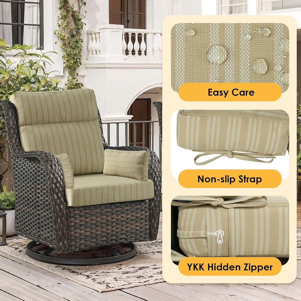 Outdoor High Back Chair Cushion, 2 Pack 48 x 24 inches Patio Chair Cushions Water Repellent Rocking Cushions Indoor Furniture Seat Pad with 2 Pillows, Beige Brown Stripe