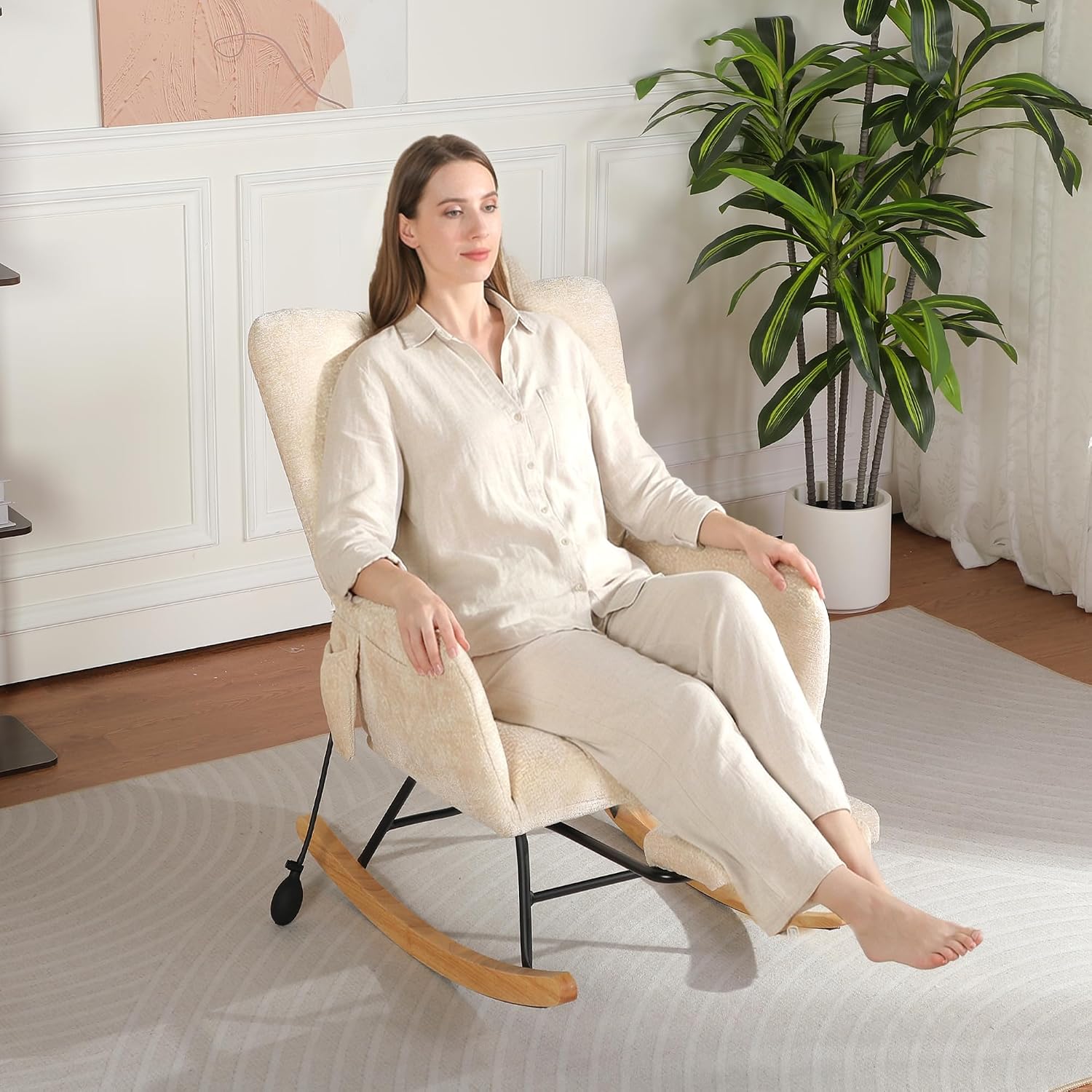 Nursery Rocking Chair with Airbag, Comfy Modern Rocking Reading Chair Indoor with Footrest, Cozy Upholstered Glider Rocker Chairs for Living Room Bedroom Offices, (Chenille, Beige)