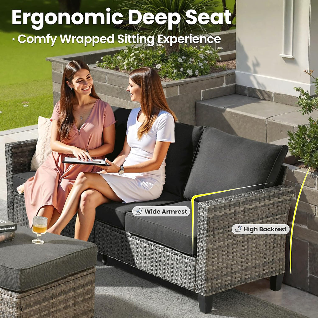 ovios 8 Pieces Patio Furniture Set, Outdoor Wicker Sofa Couch with Swivel Chairs, Rocking Glider Rocker with Comfy Cushions All Weather Rattan Conversation Set, Black