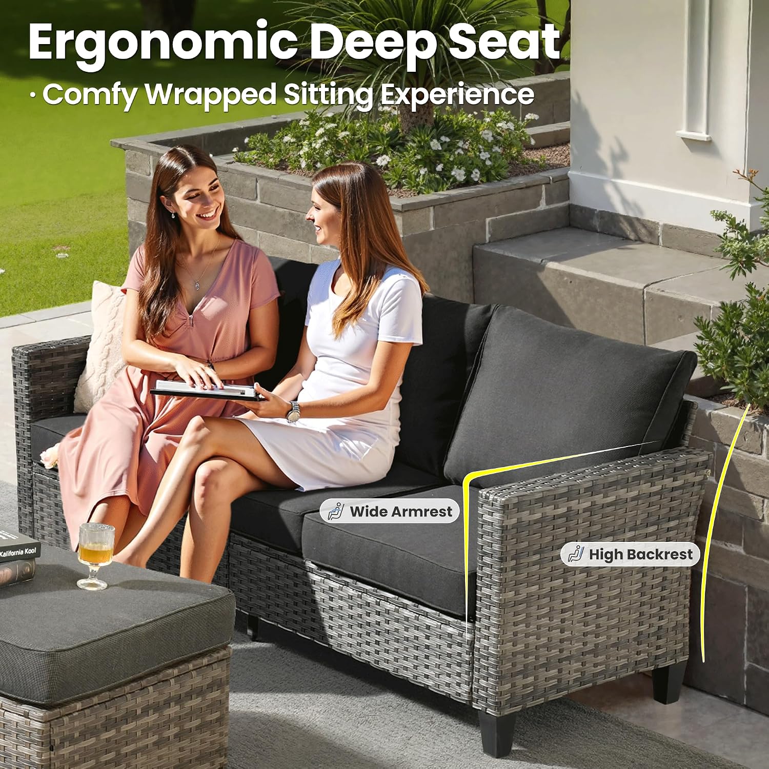 ovios 10 Pieces Patio Furniture Set, Outdoor Wicker Sofa Couch with Swivel Chairs, Rocking Glider Rocker with Comfy Cushions All Weather Rattan Conversation Set, Black