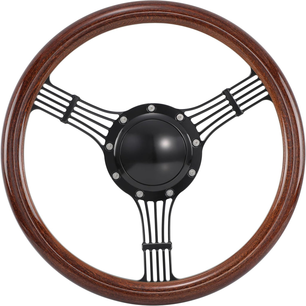 14'' Billet Banjo Half Wrap Steering Wheel with 9 Bolts 2'' Dish and Horn Button (Walnut Wood)