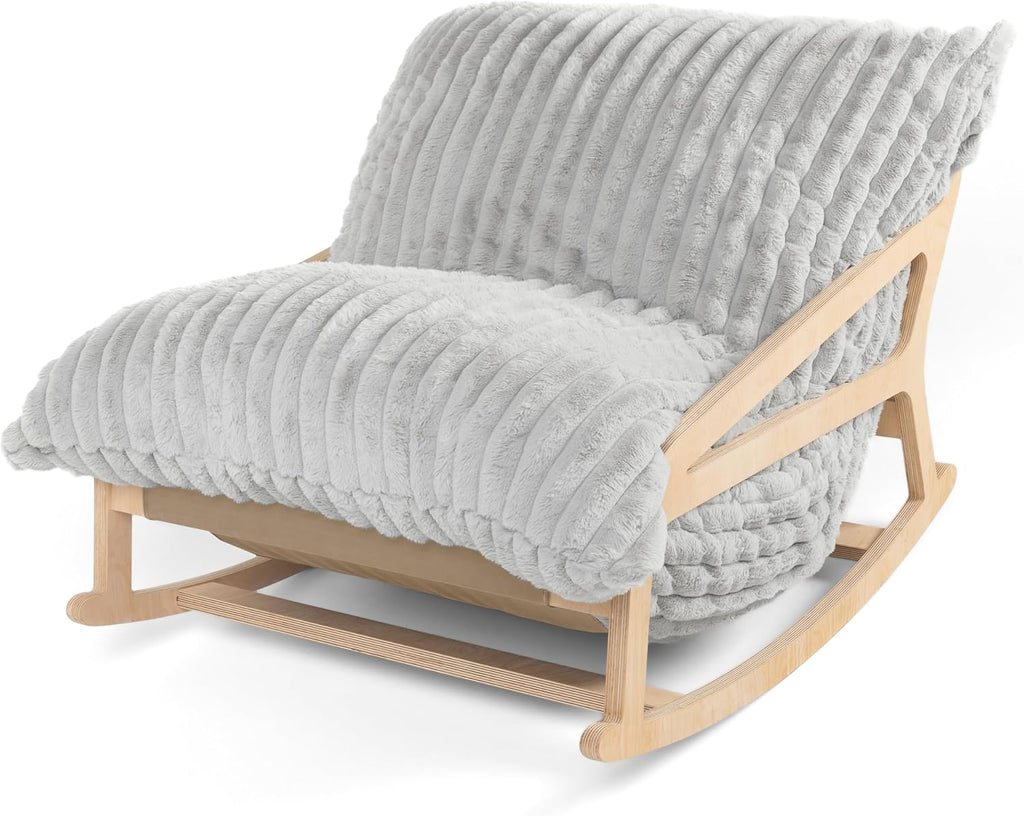 Pillow Saxx Bean Bag Rocking Chair - Elegant Oversized Rocker with Modern Wood Frame, Mondo Fur Grey
