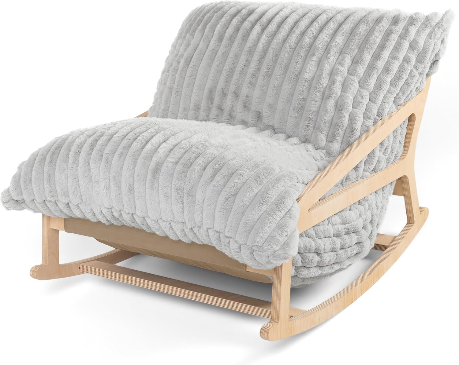 Pillow Saxx Bean Bag Rocking Chair - Elegant Oversized Rocker with Modern Wood Frame, Mondo Fur Grey