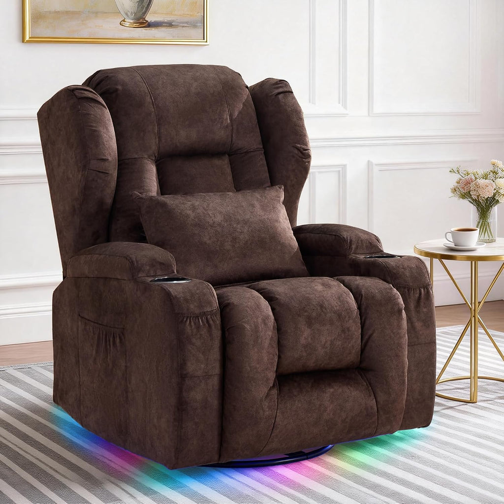 TUNYI Power Recliner Chair - Velvet Home Theater Seating Glider Reclining Sofa with Massage & Heat Swivel Rocker Recliner Chair for Living Room with LED Light/USB Port/Lumbar Pillow (Brown)