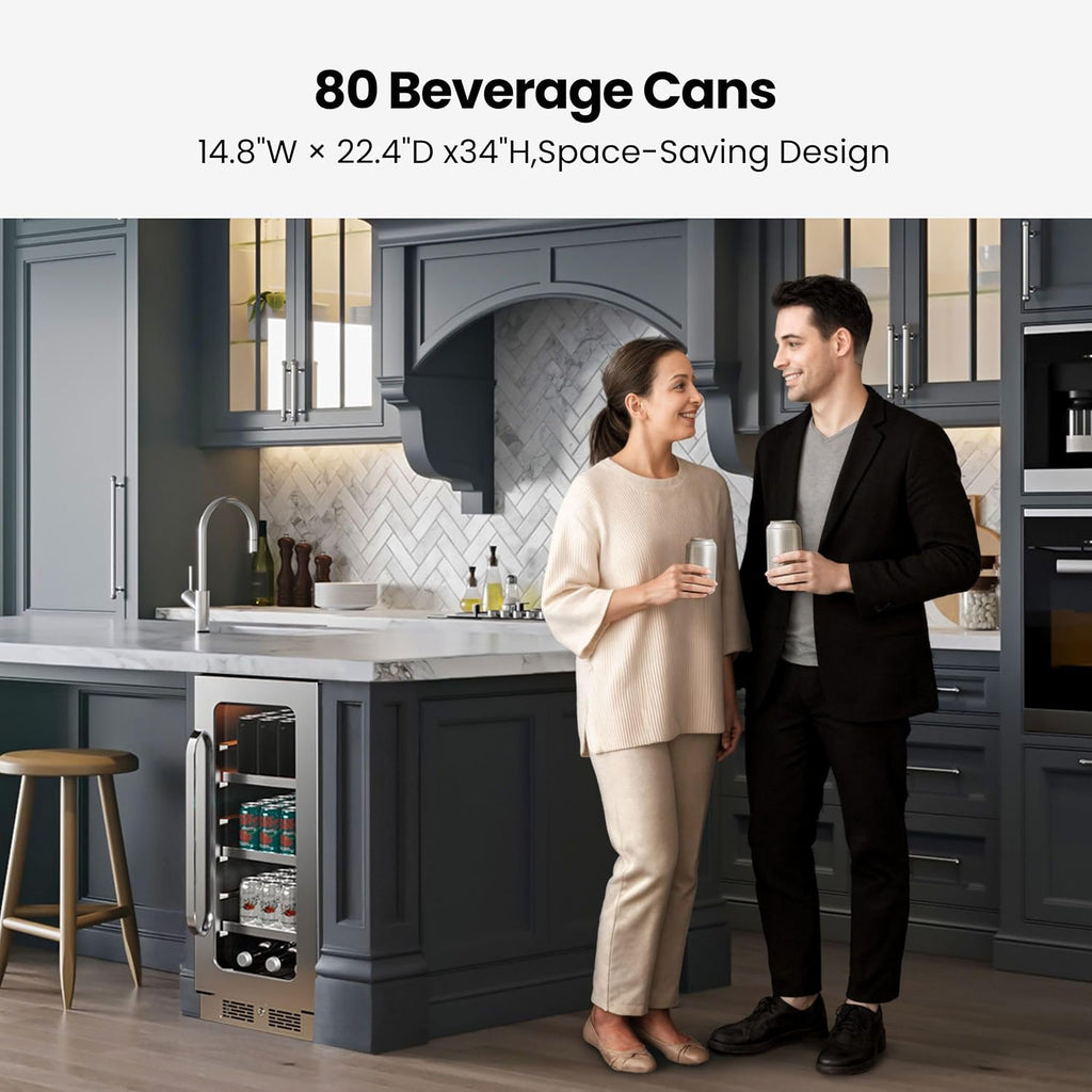 15 Inch Beverage Refrigerator 80 Cans Small Beverage Fridge, Drink Fridge with Glass Door 3 LED 34-54 ℉ Beverage Cooler Built-in or Freestanding Adjustable Shelves for Home/Kitchen(3.0 cu.ft)