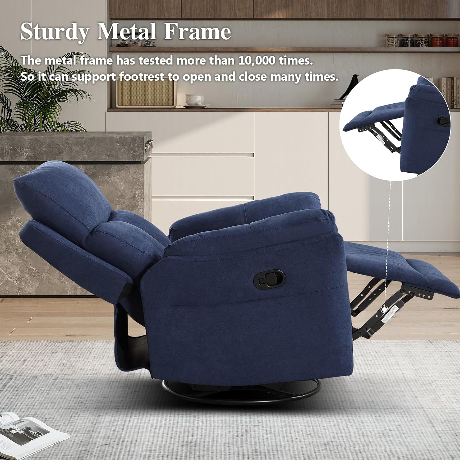 CANMOV Swivel Rocker Recliner, Manual Recliner with Overstuffed Cushion, Nursing Chairs for Living Room, Swivel Glider Recliners with Soft Backrest, Blue
