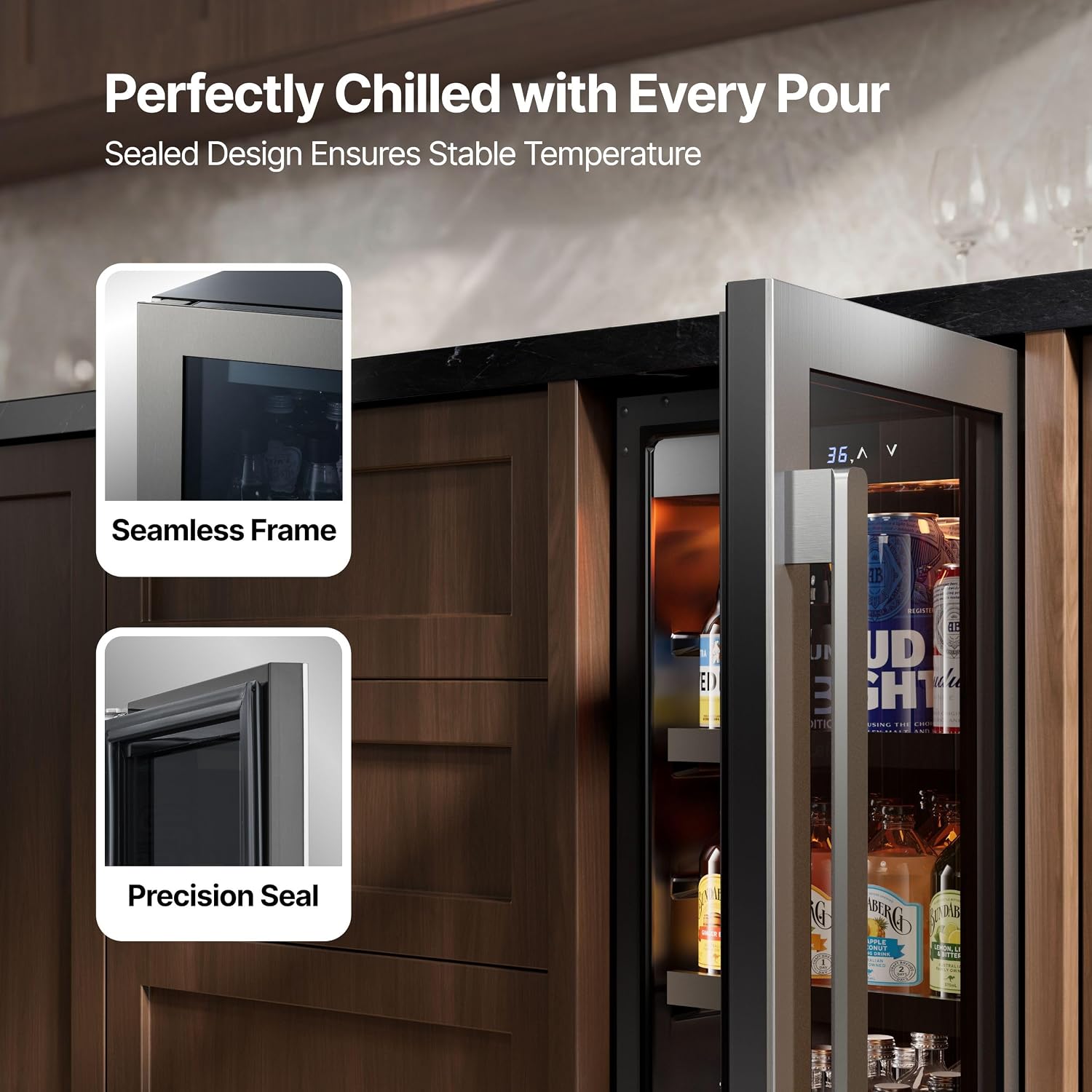 Ca'Lefort 15 Inch Beverage Fridge, 100 Can Beverage Refrigerator with Glass Door, 3 Color LED Lights, 34°F-54°F Built-in or Freestanding Drink Fridge for Kitchen, Home Bar, Office