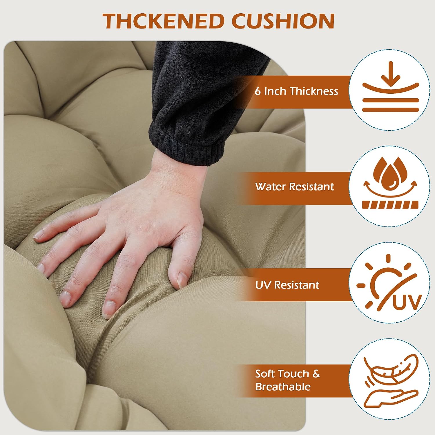 Papasan Rocking Chair Indoor & Outdoor, Oversized Egg-Shaped Papasan Rocker with Cushion & Pillow, All-Weather Wicker Patio Lounge Chair for Garden, Porch, Living Room (Khaki)