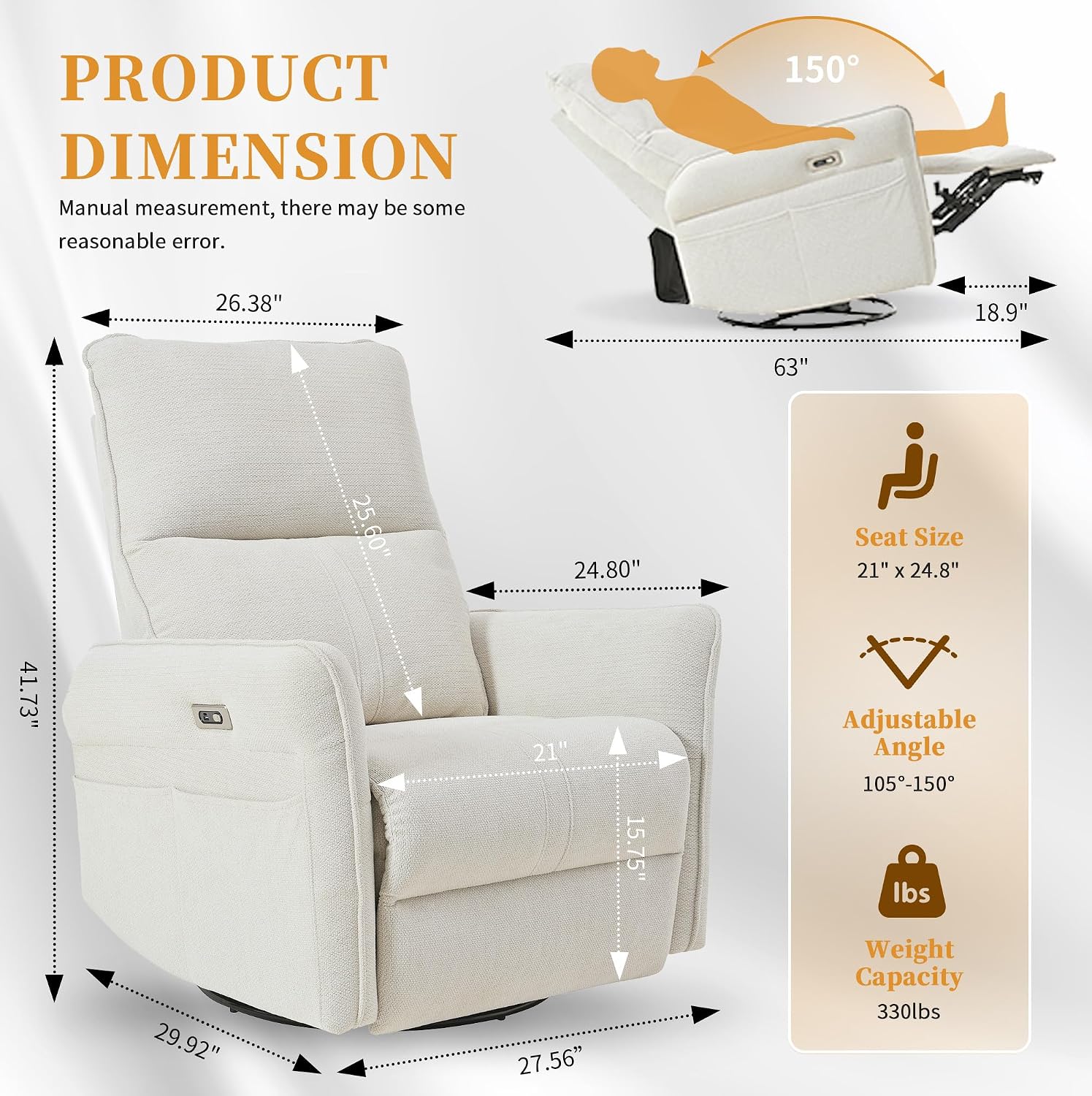 Power Swivel Rocker Recliner Chair for Nursery, Upholstered Snowflake Velvet 270°Swivel Glider Rocker Chair with USB Ports, Small Power Recliners for Small Spaces Living Room
