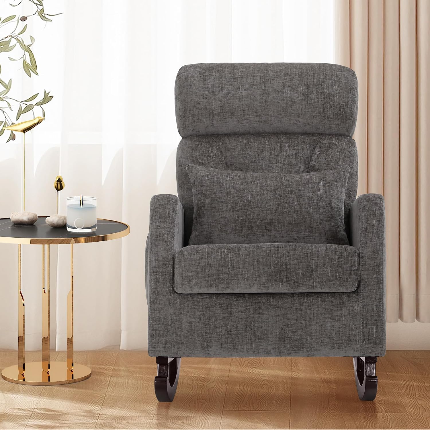 ALPHA HOME Rocking Chair, Glider Chair for Nursery with Lumbar Pillow, High Back Rocker Armchair with Solid Wood Legs for Indoor Living Room, Baby Room, Bedroom(Grey)