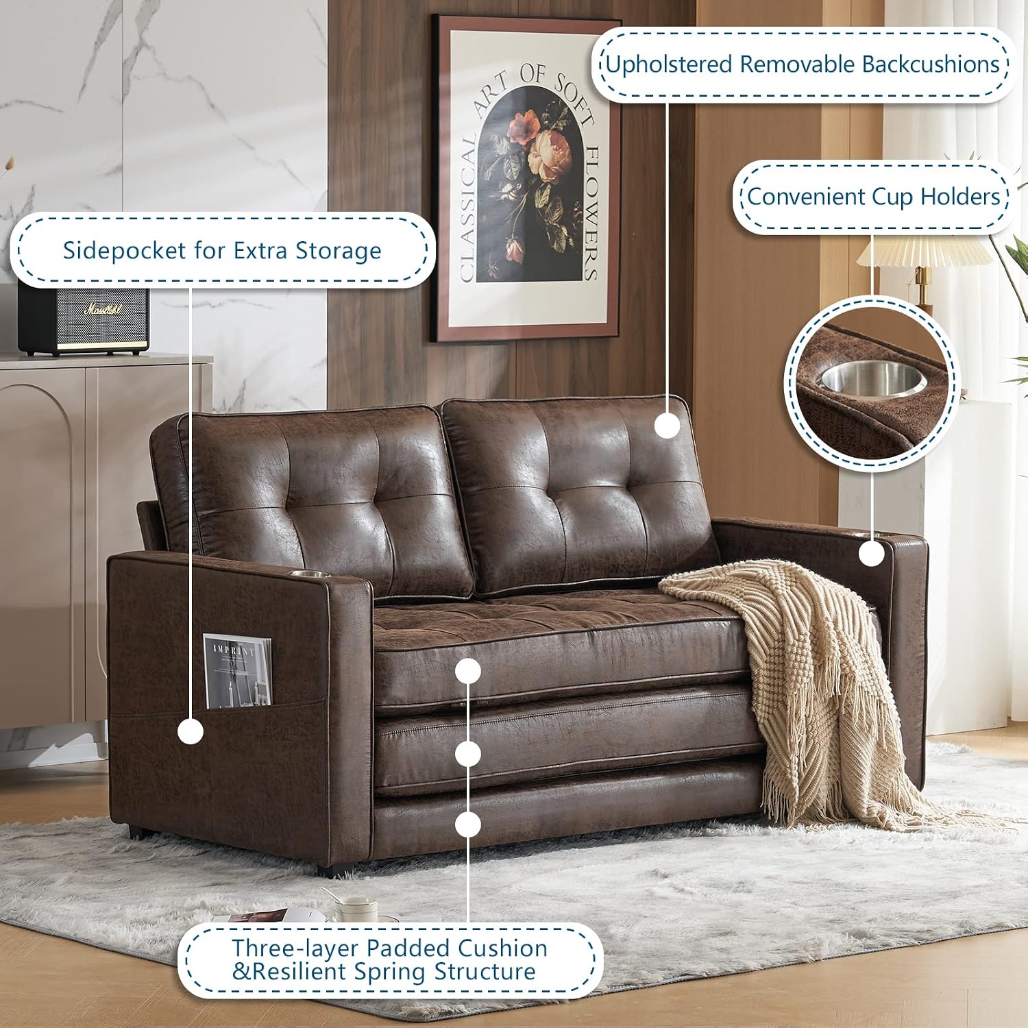 VINGLI Upgraded 64' W 84' L Full Size Futon Sofa Bed, 6' Thick Upholstery Rustic Microfiber Loveseat Sofa Sleeper Pull Out Couch,Convertible Floor Couch for Living Room, Bedroom, Entertainment Room