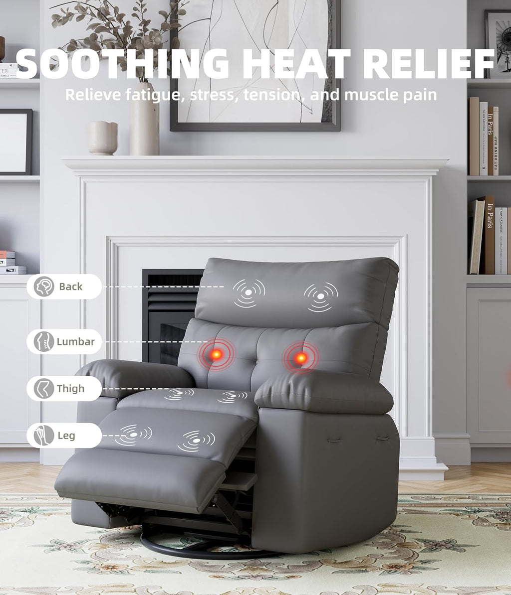 Oversized Recliner Chair with Heating & Massage, XL Faux Leather Nursery Rocking Chairs for Adults with Cup Holder and Side Pockets, Swivel Chair for Living Room, Bedroom Grey