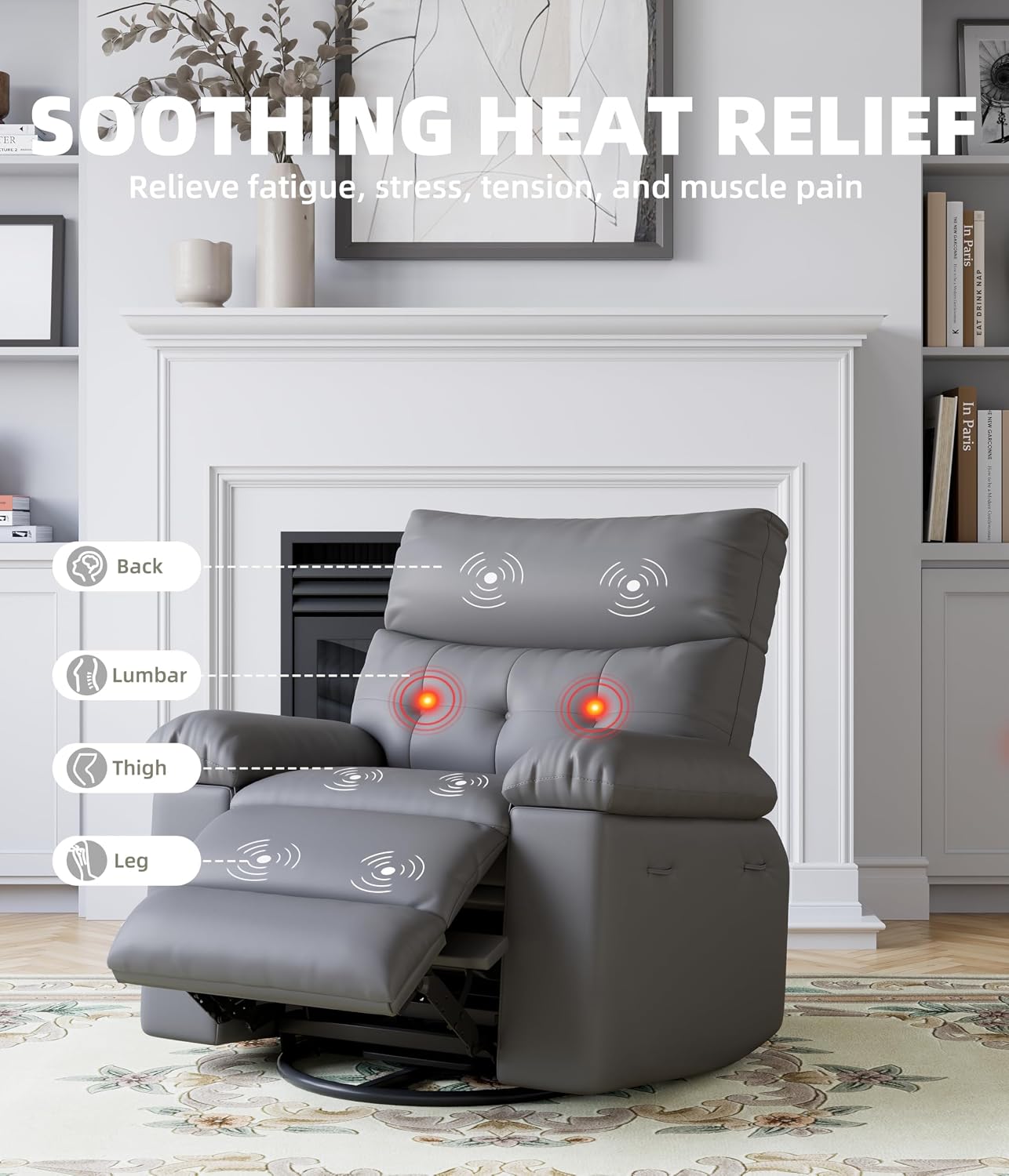 Oversized Recliner Chair with Heating & Massage, XL Faux Leather Nursery Rocking Chairs for Adults with Cup Holder and Side Pockets, Swivel Chair for Living Room, Bedroom Grey