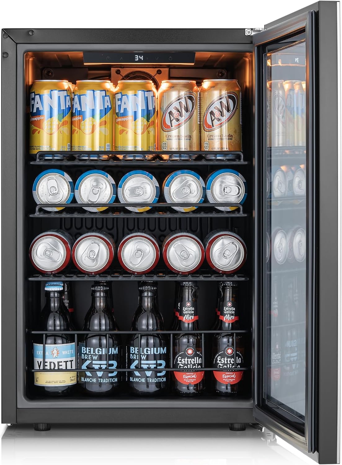 Ca'Lefort Mini Fridge Beverage Cooler, 85 Can Beverage Refrigerator with Reversible Glass Door, Adjustable Shelves for Soda, Beer & Drinks, Digital Temperature Control for Dorm, Office & Home