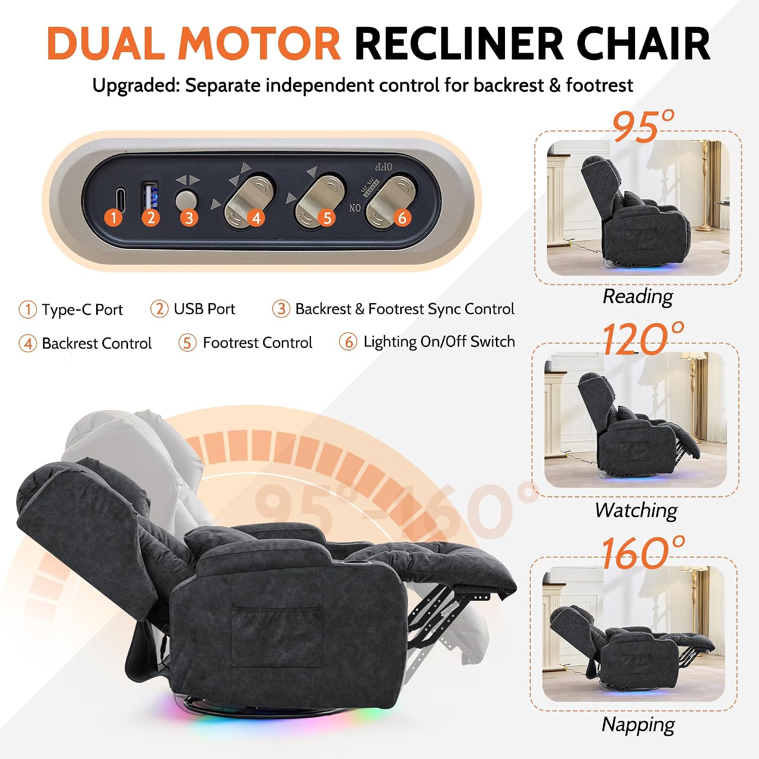 BINGTOO Dual Motor Power Swivel Rocker Recliner Chair with Massage & Heat, Electric Wall Hugger Glider Chair for Adults, Nursery with LED Lights, USB-C Ports & Cup Holders, Velvet Gray, 1 Chair