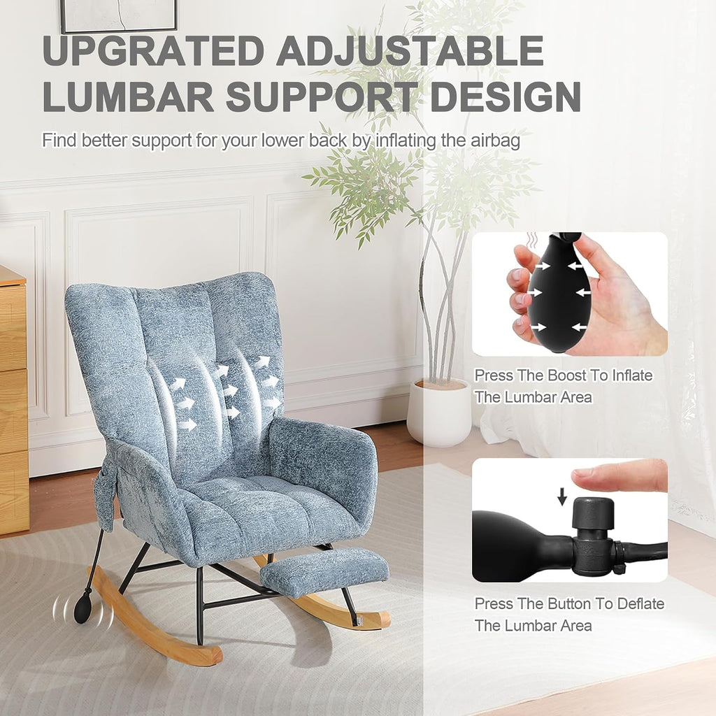 Rocking Chair Nursery with Airbag, Comfy Modern Nursery Rocking Reading Chair Indoor with Footrest, Cozy Upholstered Glider Rocker Chairs for Living Room Bedroom Offices(Chenille, Blue)