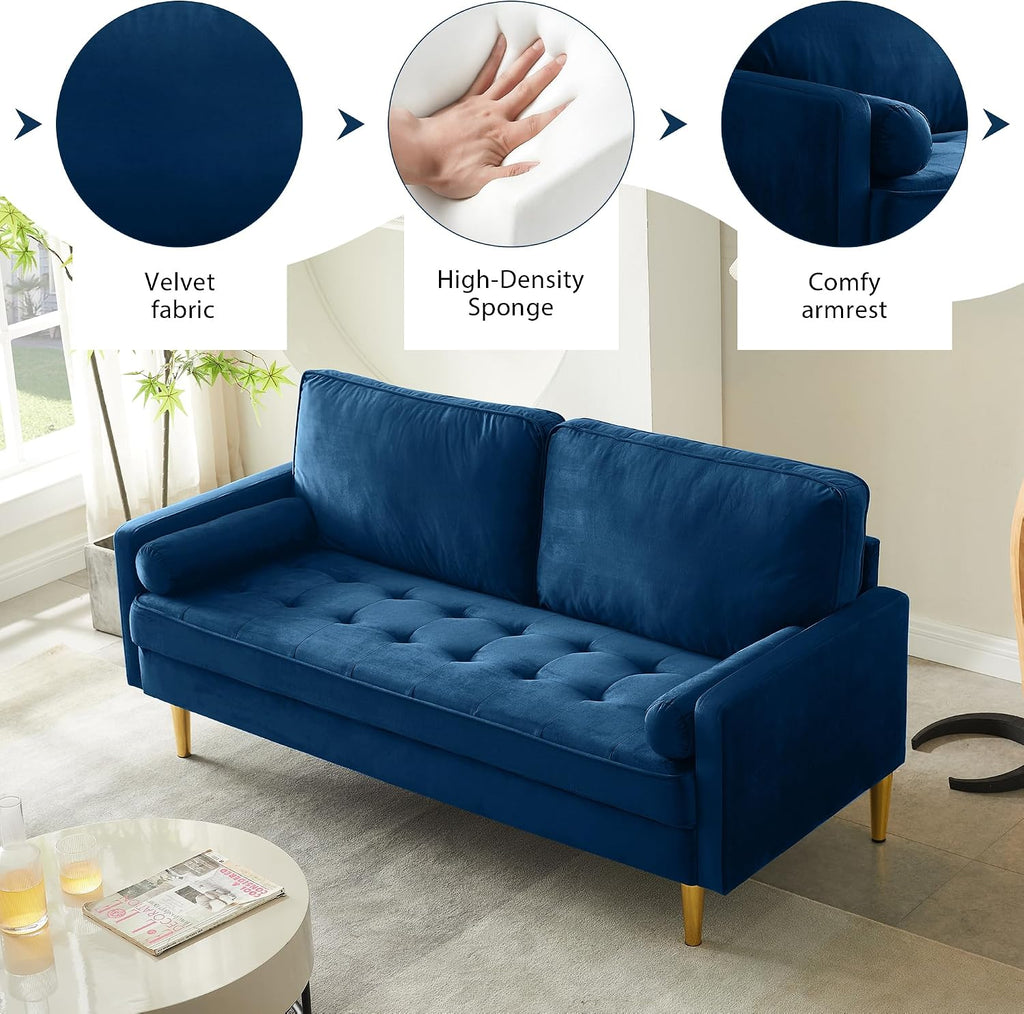 67' Modern Velvet Loveseat Sofa Couch, Mid-Century Tufted Upholstered Small Love Seat Couch with 2 Pillows & 4 Golden Legs, 2-Seats Couches for Compact Space, Living Room, Apartment (Navy)
